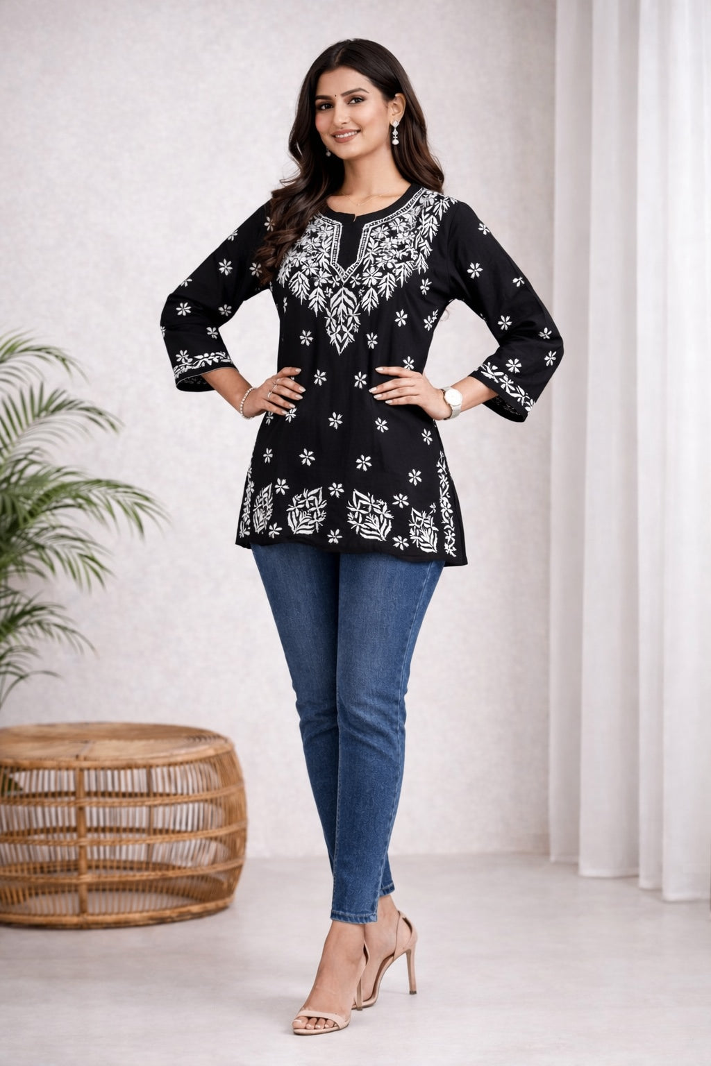 Karigiri Black Chikankari Rayon Short Kurti Women_KF0015