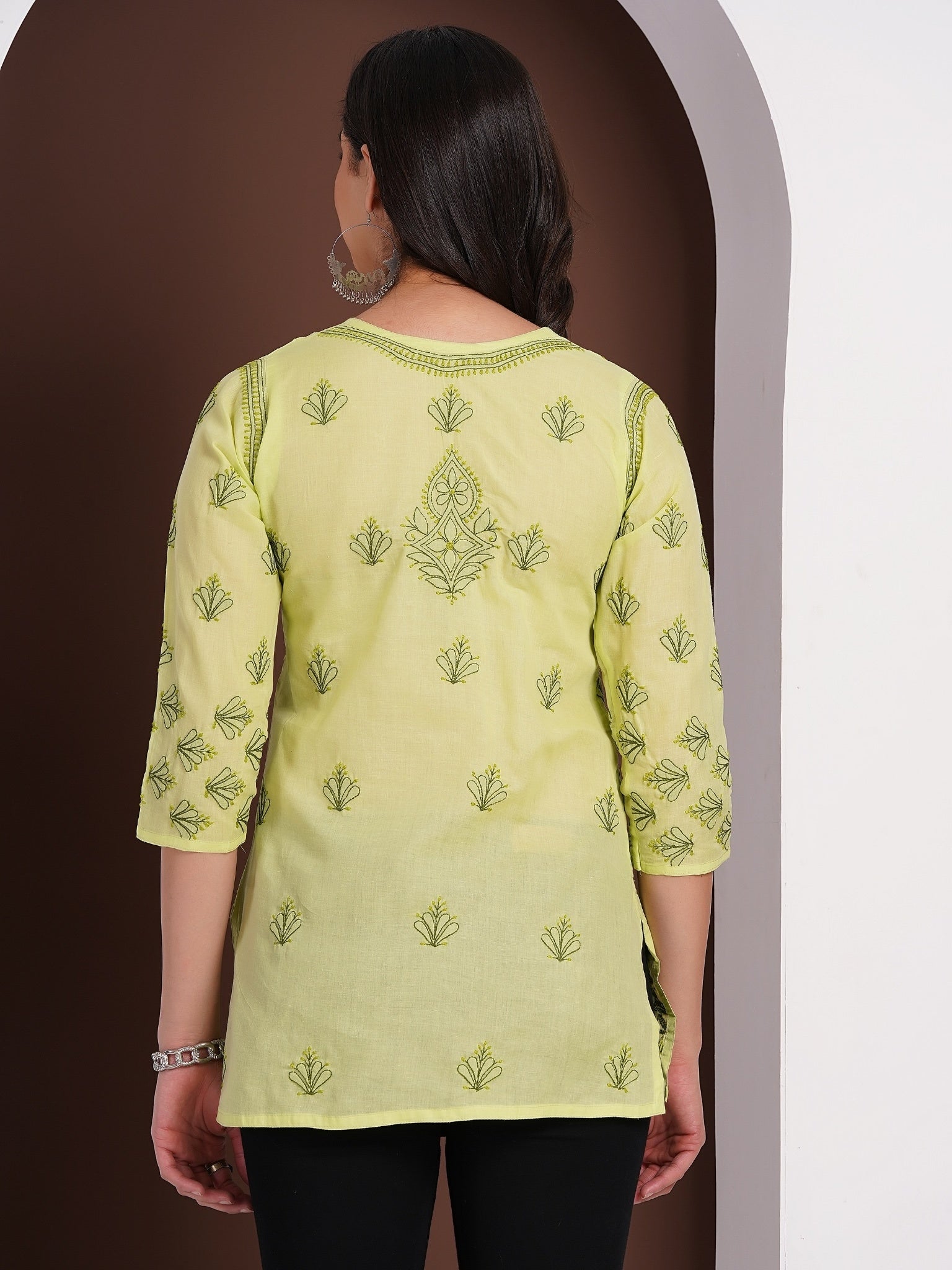 Karigiri Pistachio Green Chikankari Hand Embroidered Pure Cotton Straight Hip Length Short Kurti