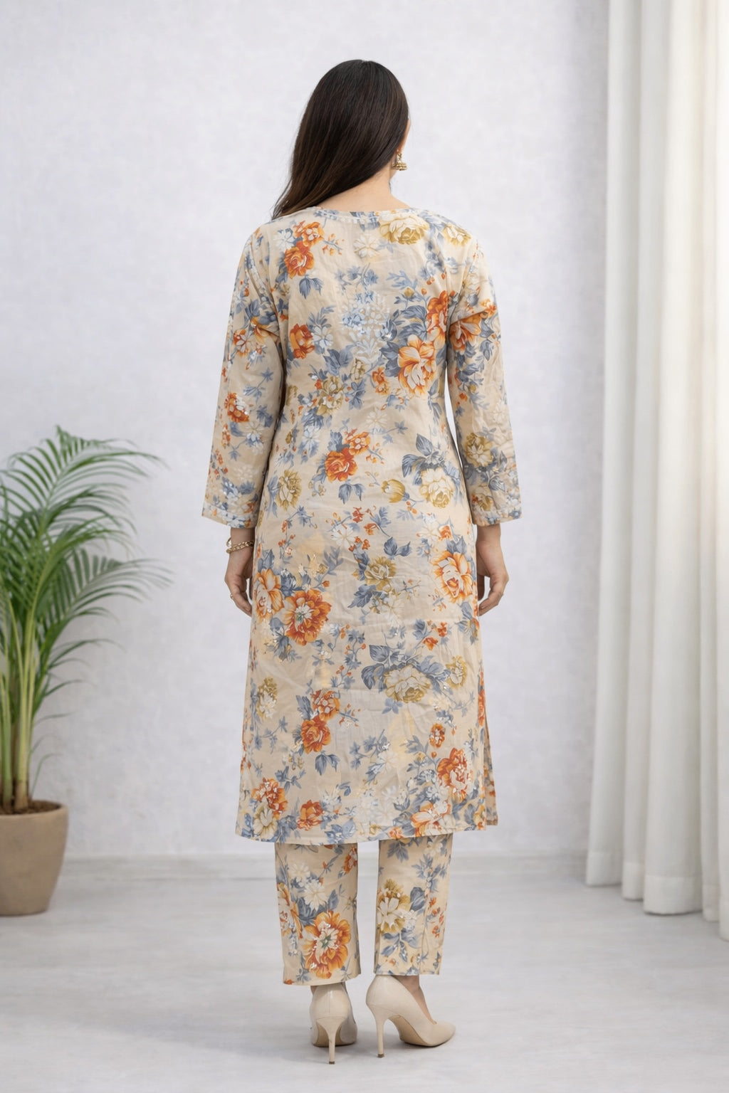 Karigiri Beige Lucknowi Chikankari Kurti Set_KF0006