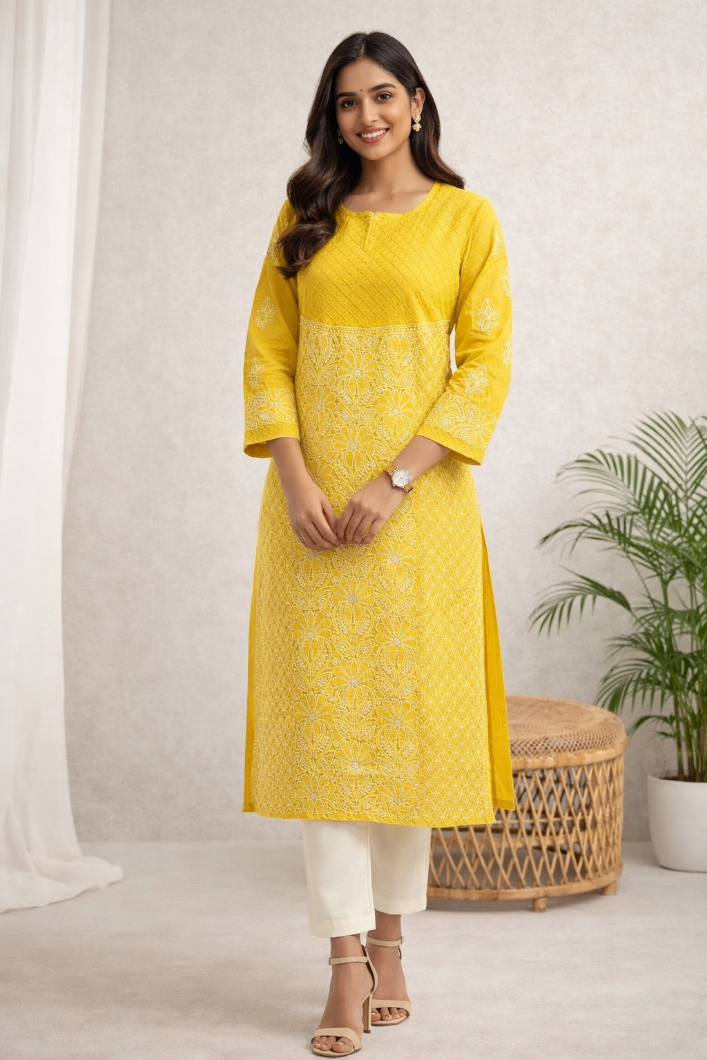 Karigiri Yellow Chikankari Cotton Kurti for Women_KF0048