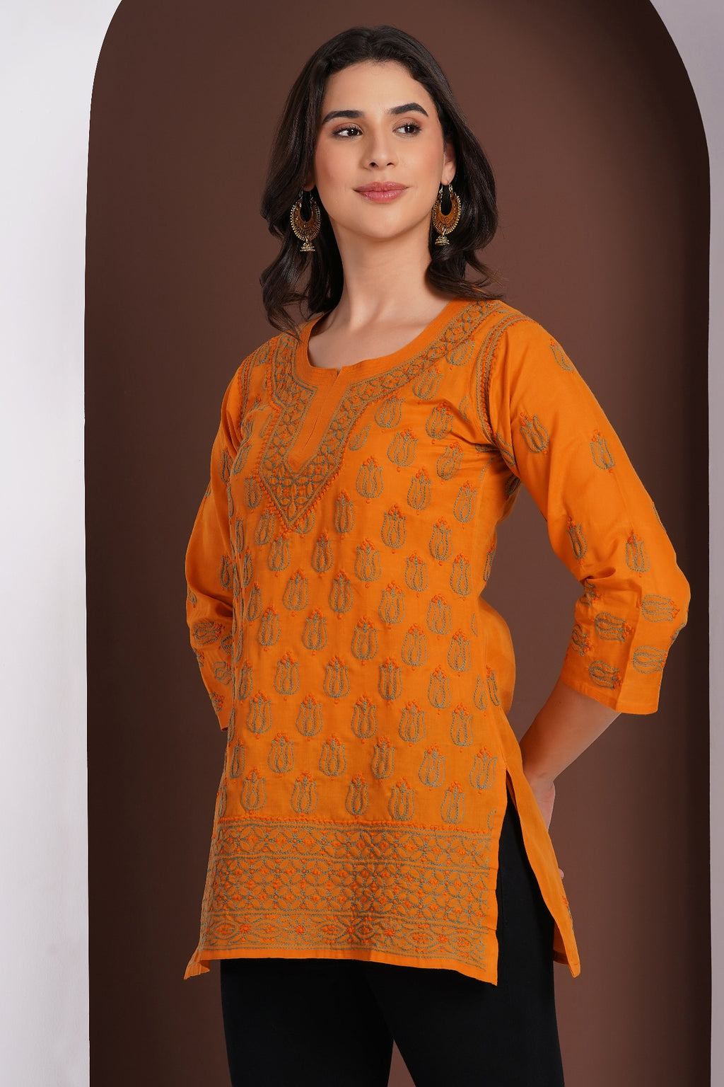 Karigiri Mustard Yellow Chikankari Hand Embroidered Pure Cotton Short Kurti, 3/4 Sleeve, Ethnic Casual Wear