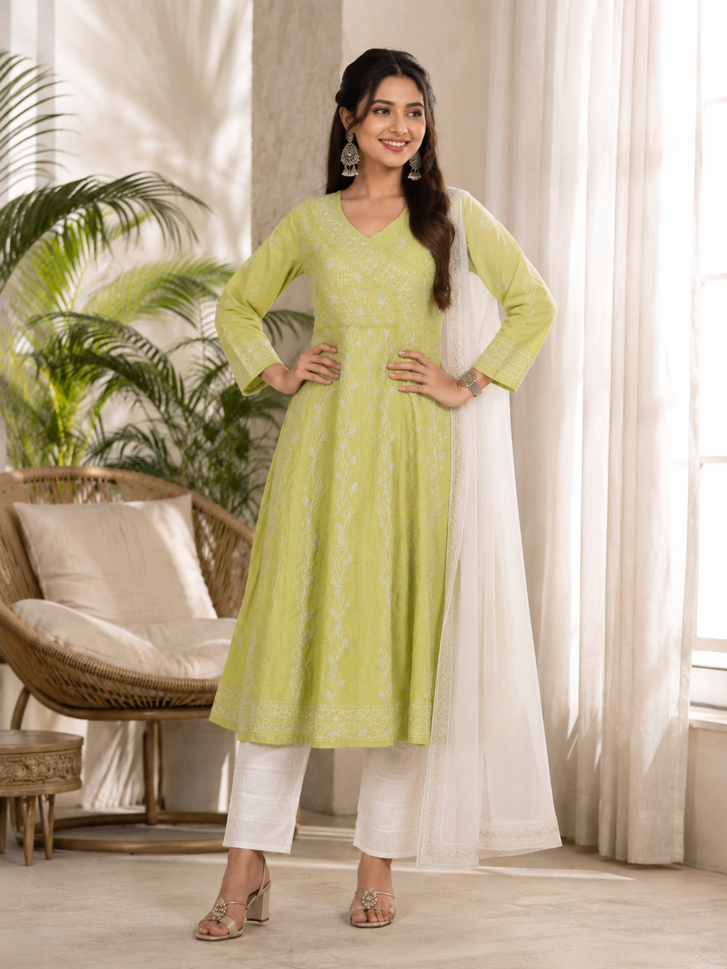 Karigiri Pistachio Green Hand Embroidered Chikankari Cotton Anarkali Kurti