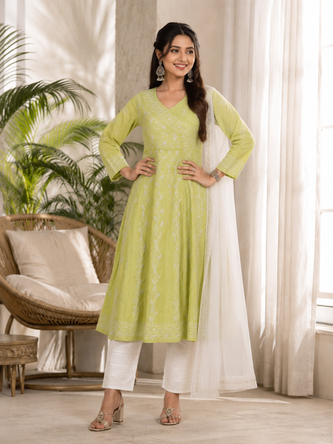 Karigiri Pistachio Green Hand Embroidered Chikankari Cotton Anarkali Kurti