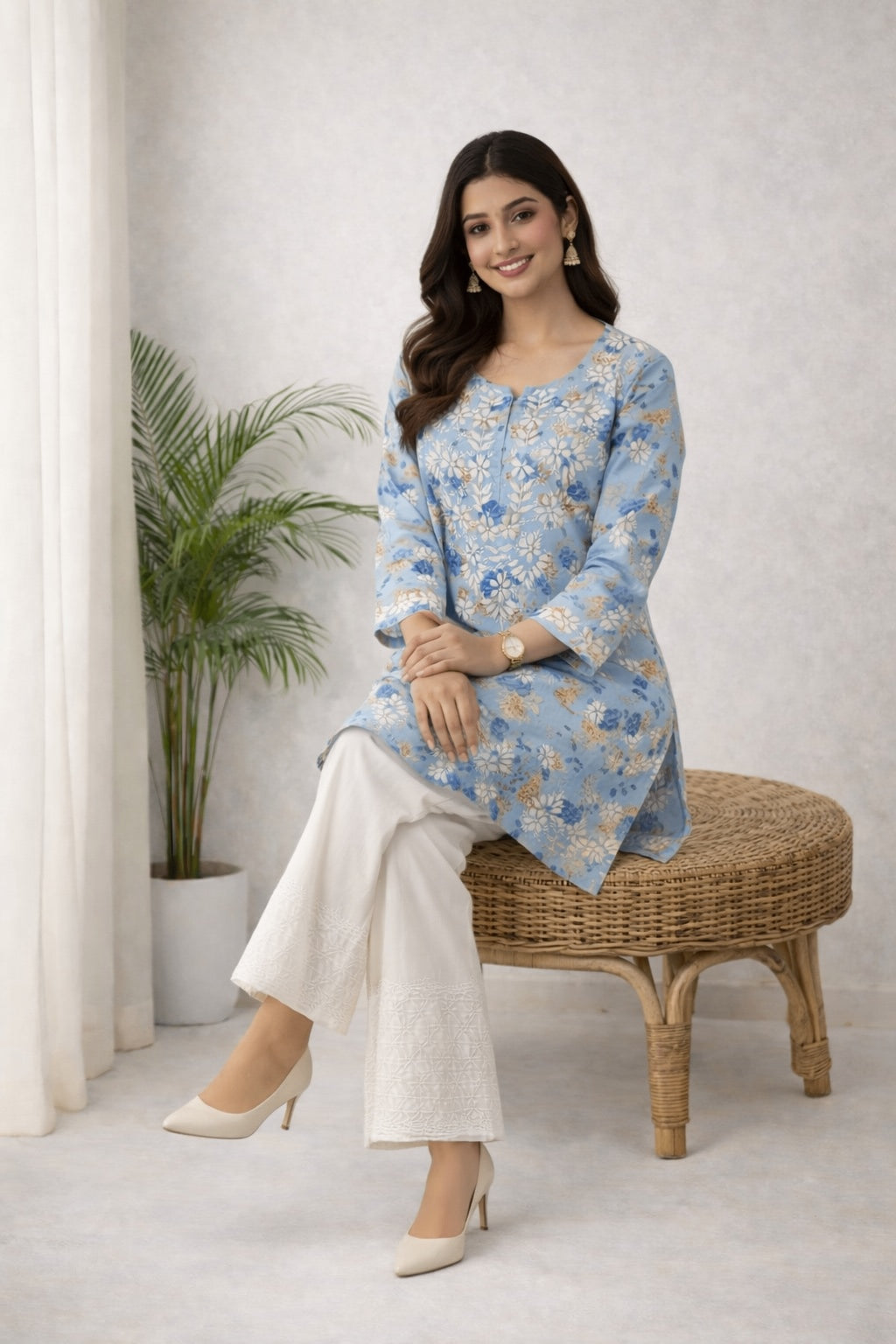 Karigiri Blue Floral Chikankari Cotton Short Kurti Women_KF0016