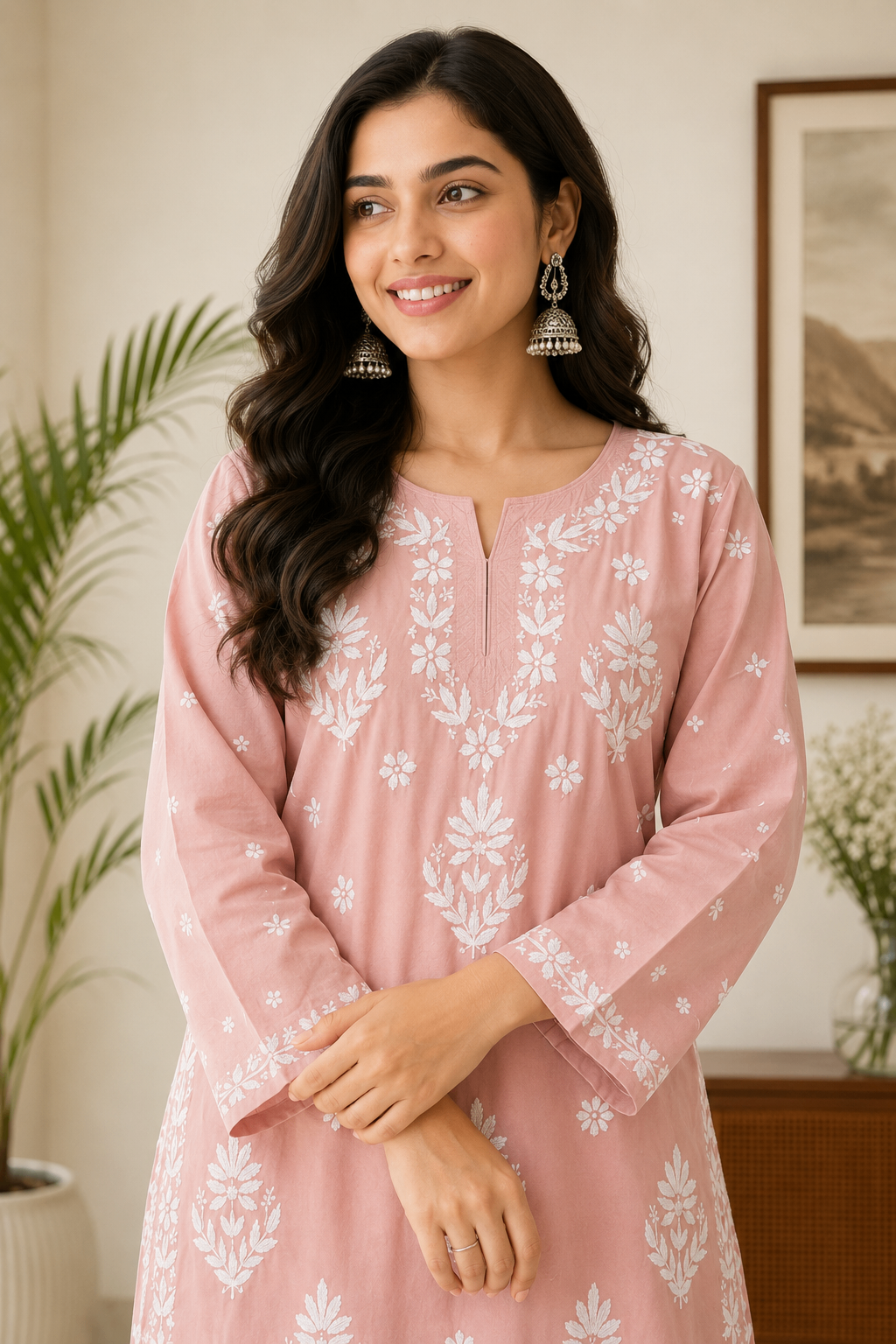 Karigiri Blush Pink Chikankari Mulmul Cotton Kurti KF0025