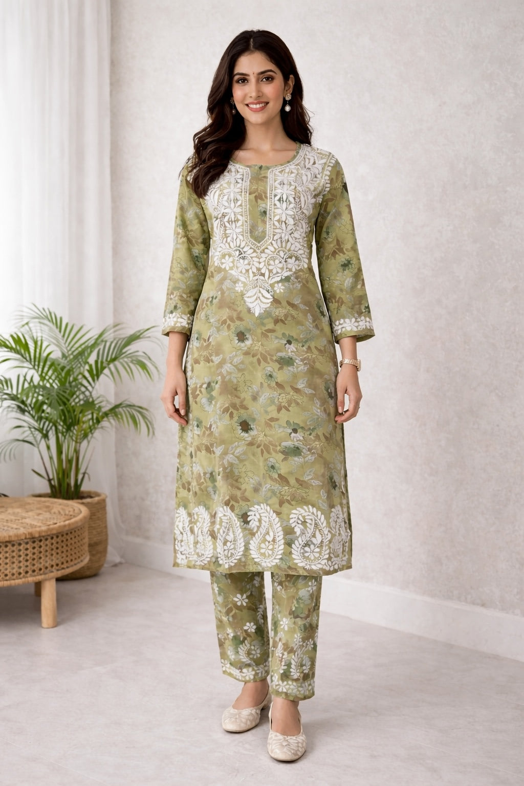 Karigiri Olive Green Chikankari Cotton Kurti Set_KF0138