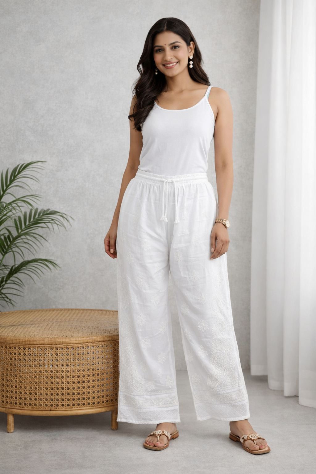 Karigiri White Chikankari Cotton Palazzo Pants_KF0198