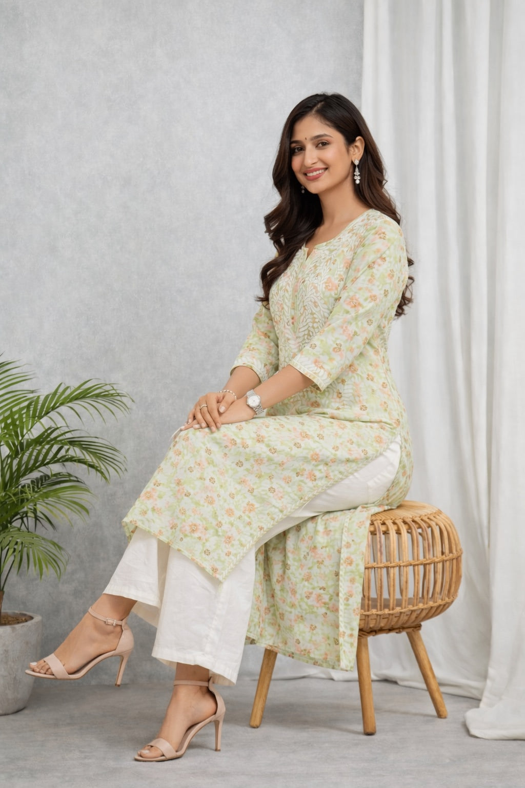 Karigiri Pastel Green Chikankari Printed Cotton Kurti_KF0061
