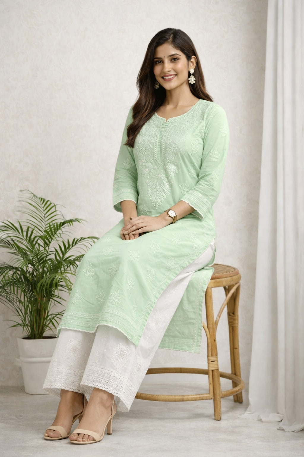 Karigiri Mint Green Chikankari Cotton Kurti_KF0054