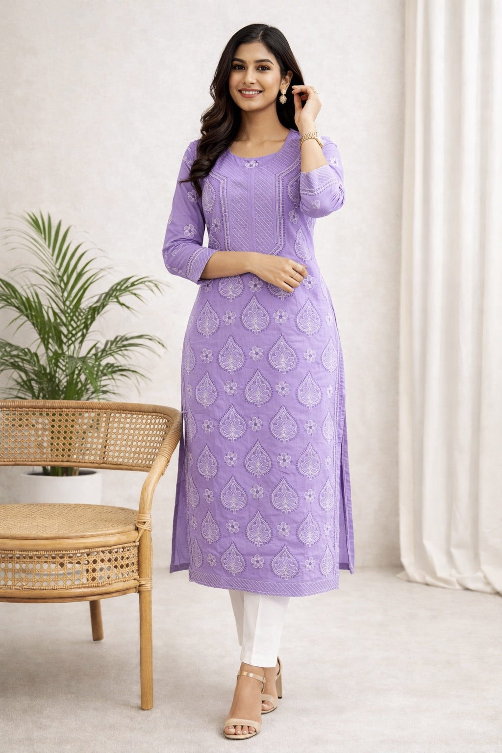 Karigiri Lavender Lucknowi Chikankari Cotton Kurti for Women_KF0089