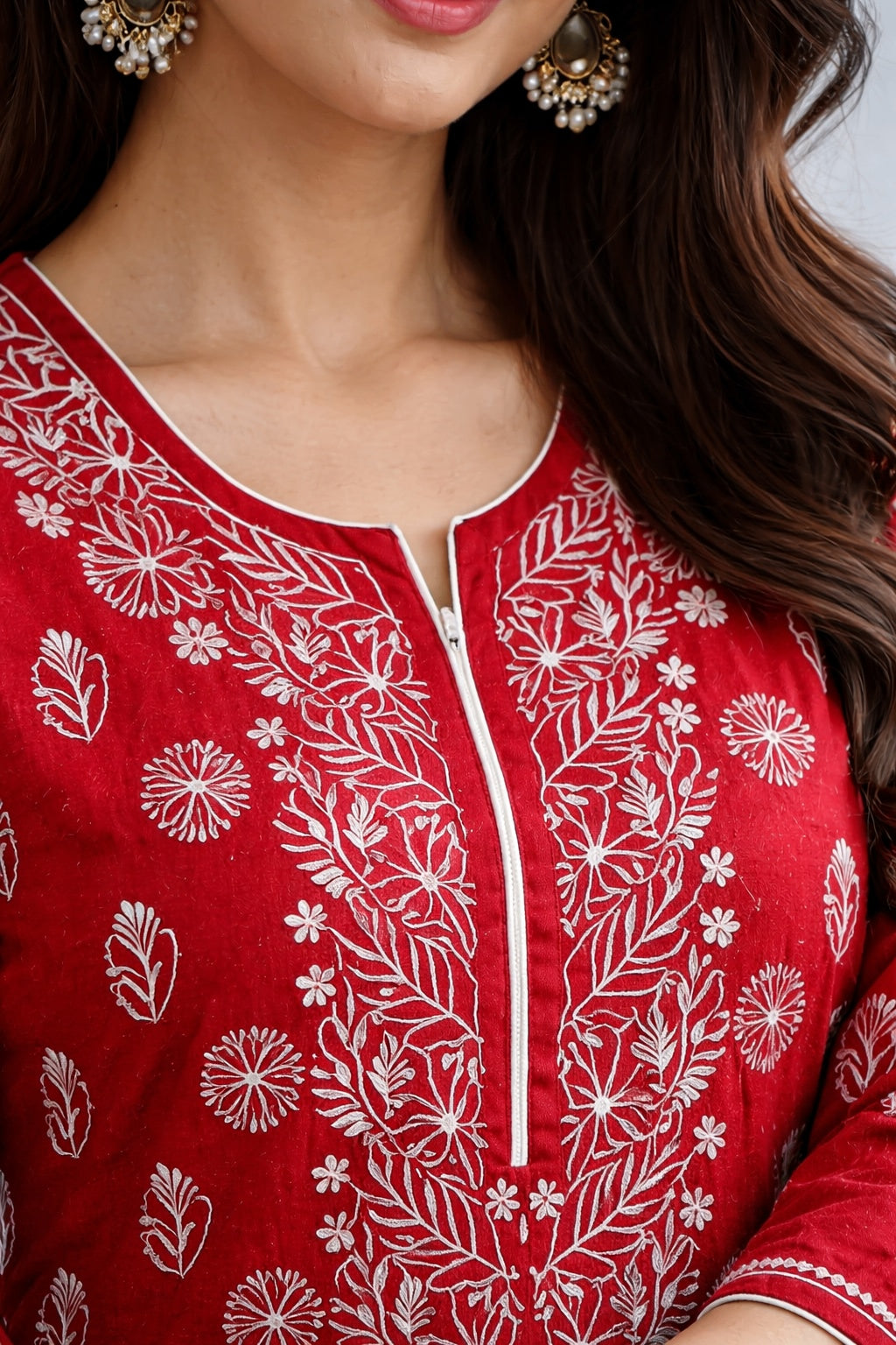 Karigiri Red Chikankari Rayon Cotton Kurti Women_KF0098