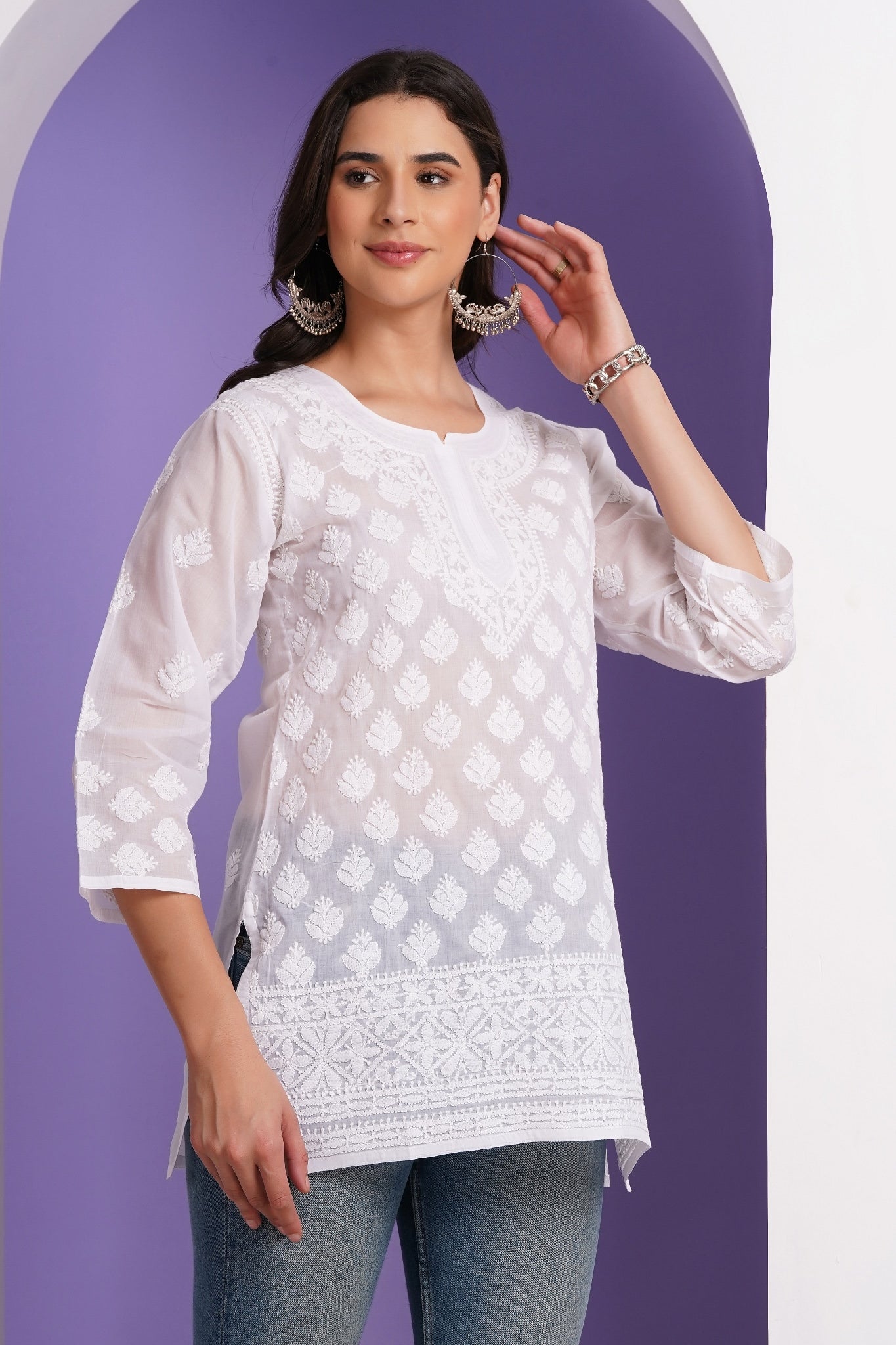 Karigiri White Lucknowi Chikankari Hand Embroidered Pure Cotton Straight Hip Length Short Kurti, 3/4 Sleeve