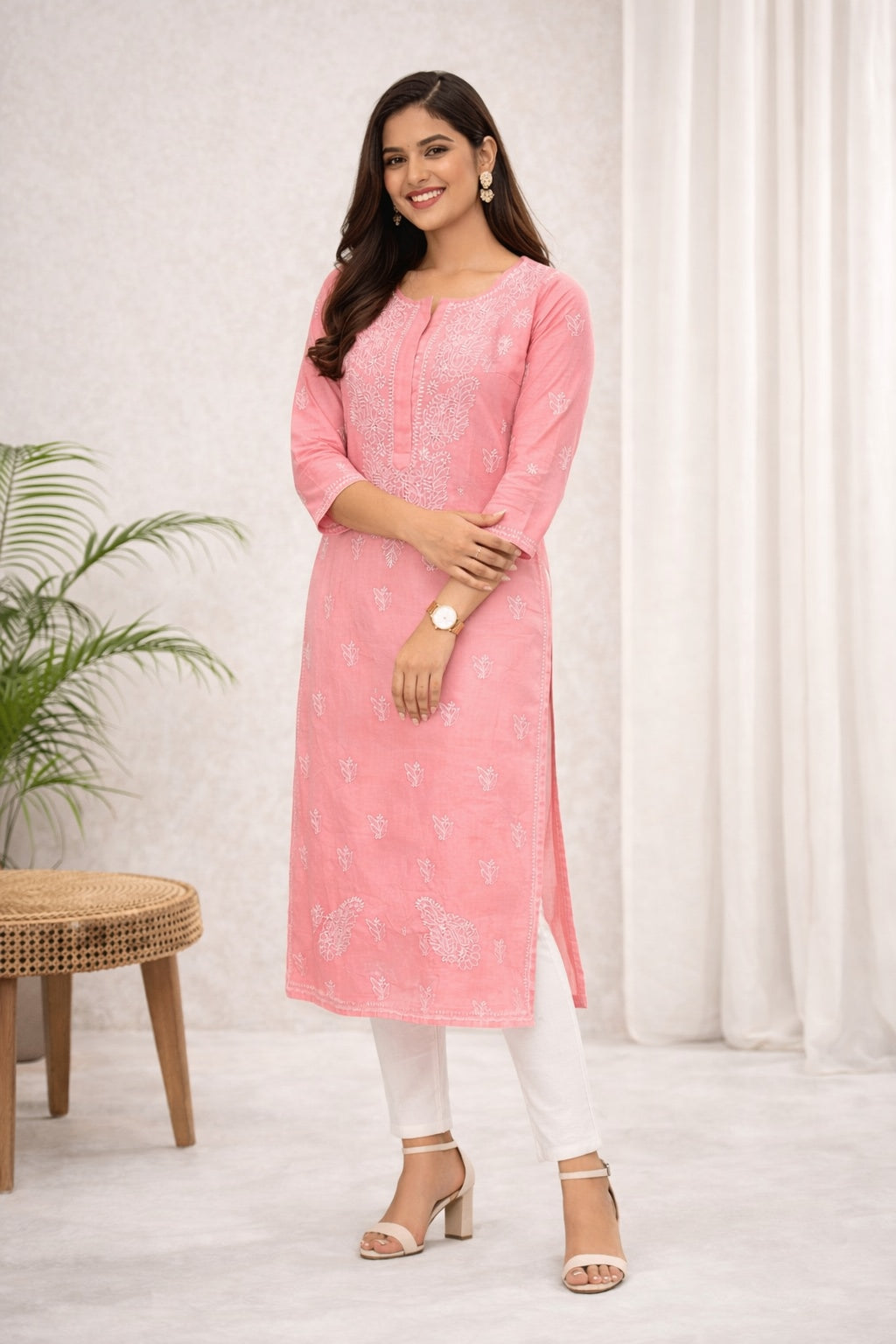 Karigiri Peach Pink Chikankari Cotton Kurti for Women_KF0144
