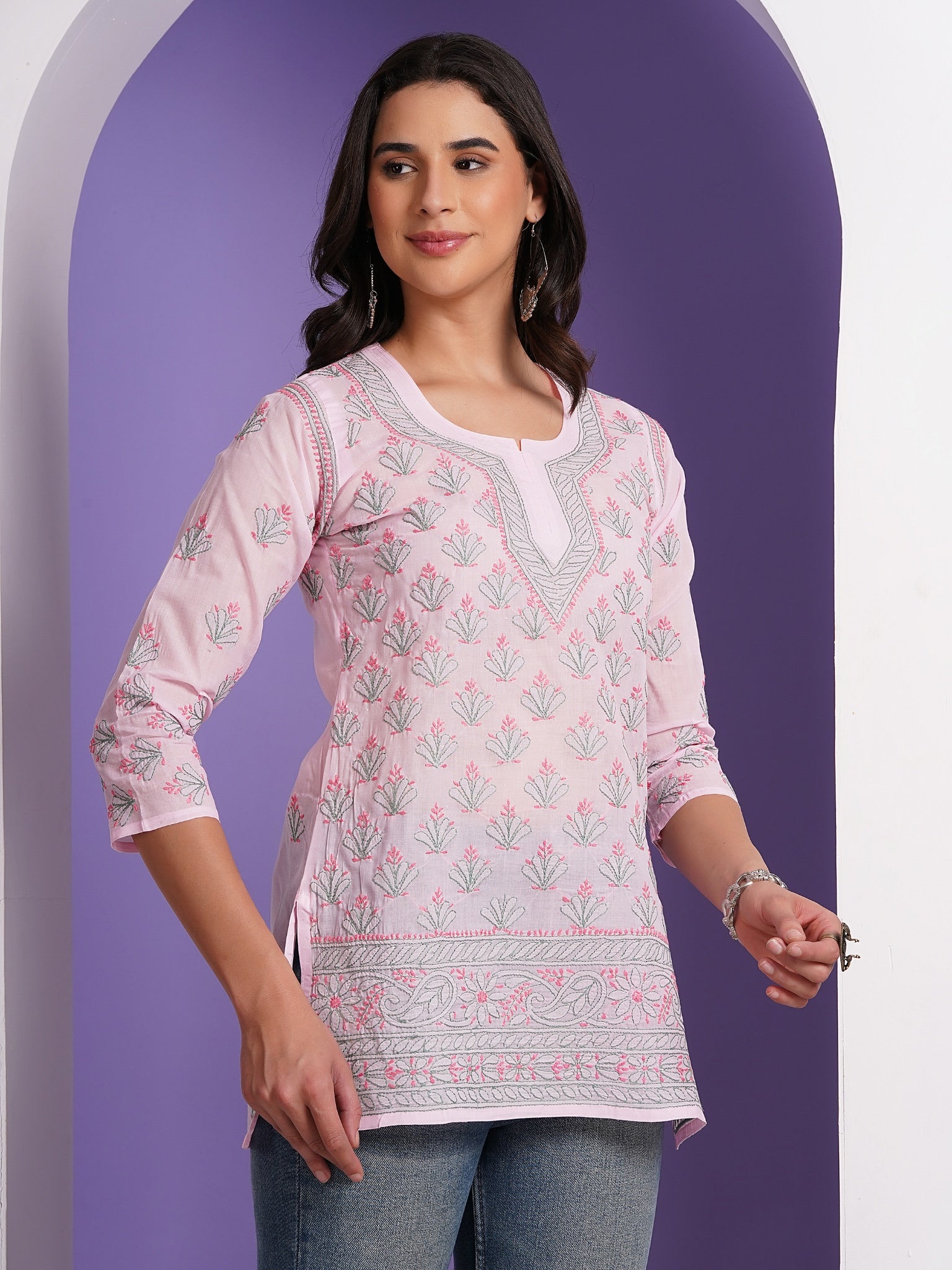Karigiri Pink Lucknowi Chikankari Hand Embroidered Pure Cotton Straight Hip-Length Short Kurti, 3/4 Sleeve, Ethnic Casual Wear for Women
