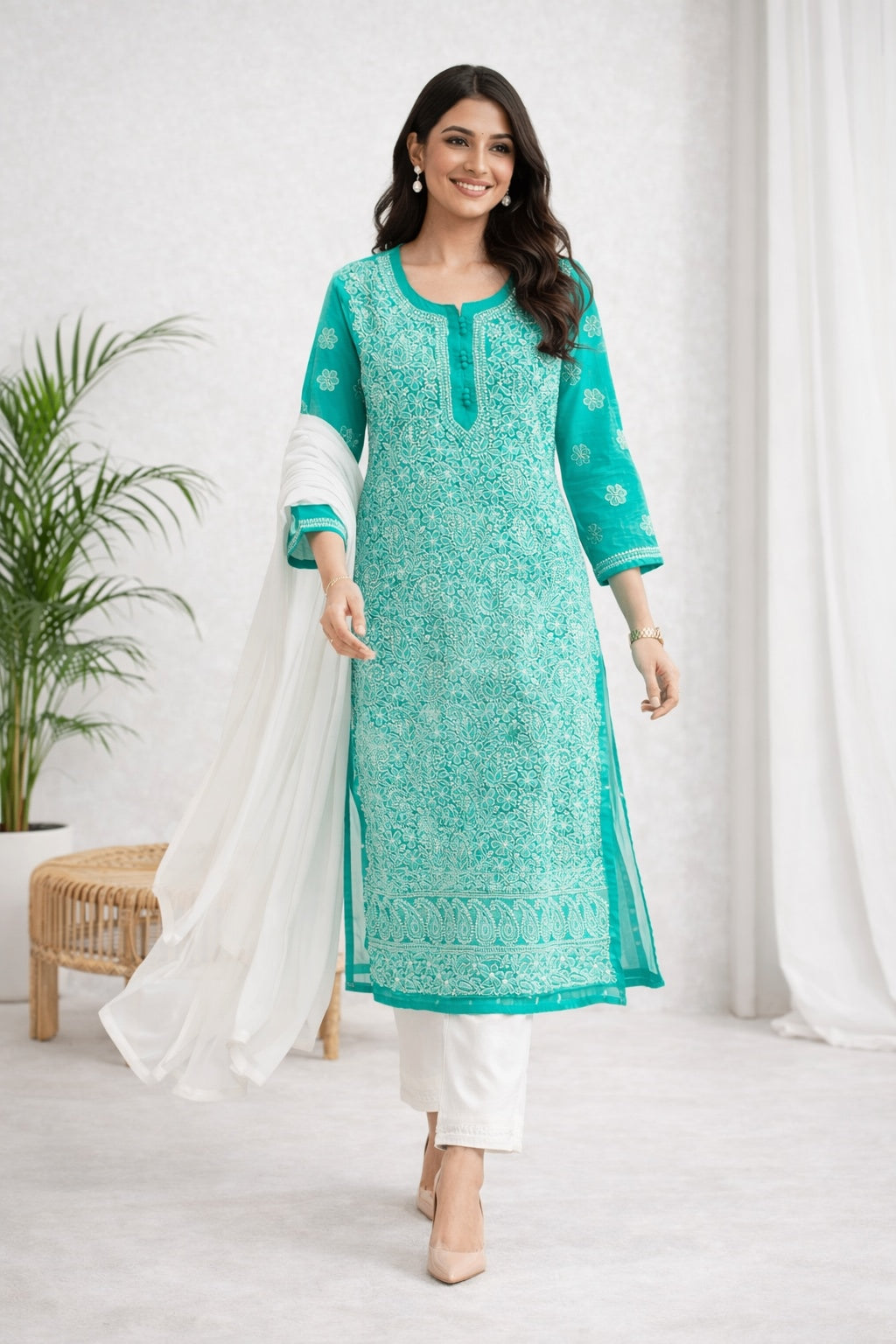 Karigiri Sea Green Chikankari Georgette Kurti Jaaldar work_KF0175