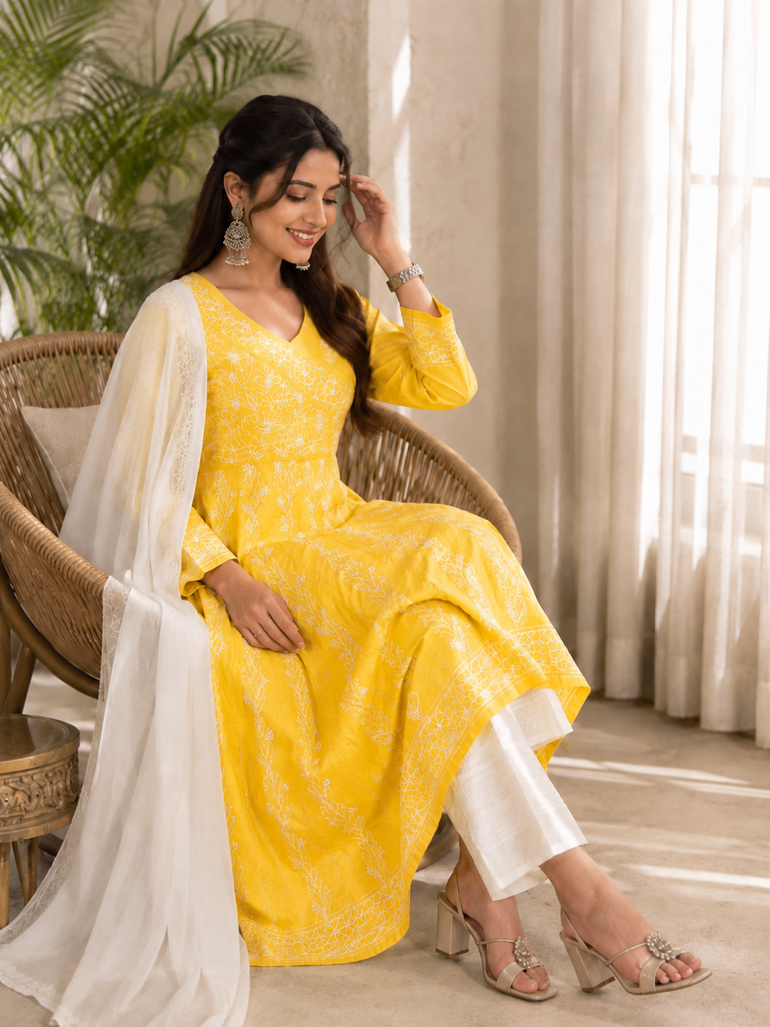 Karigiri Sunshine Yellow Hand Embroidered Chikankari Cotton Anarkali Kurti