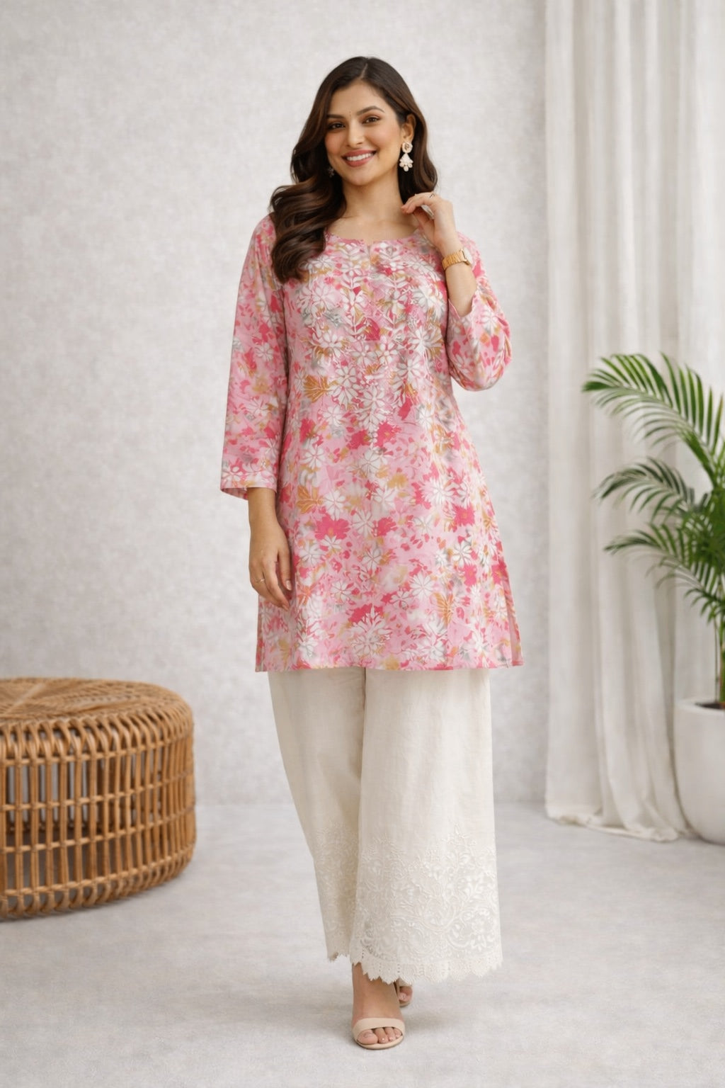 Karigiri Pink Floral Print Chikankari Short Kurti_KF0149