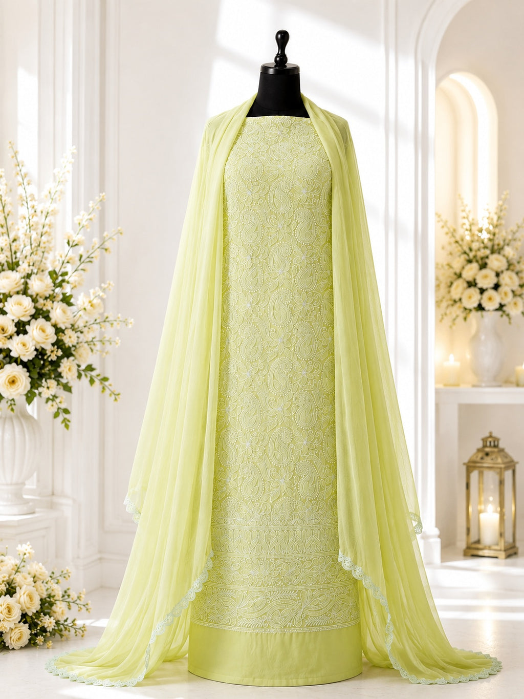 Karigiri Pastel Lime Green Chikankari Cotton Dress Material