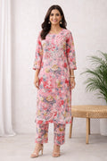 Karigiri Peach Floral Chikankari Printed Cotton Kurti Set_KF0141