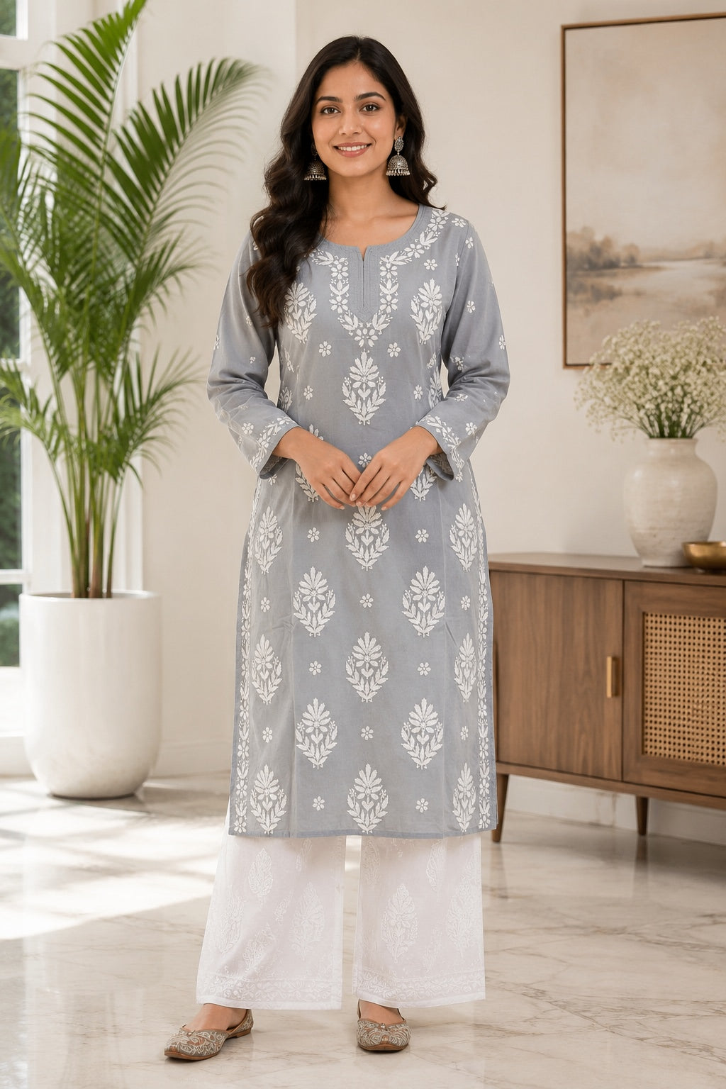 Karigiri Grey Mulmul Cotton Chikankari Kurti Women_KF0040