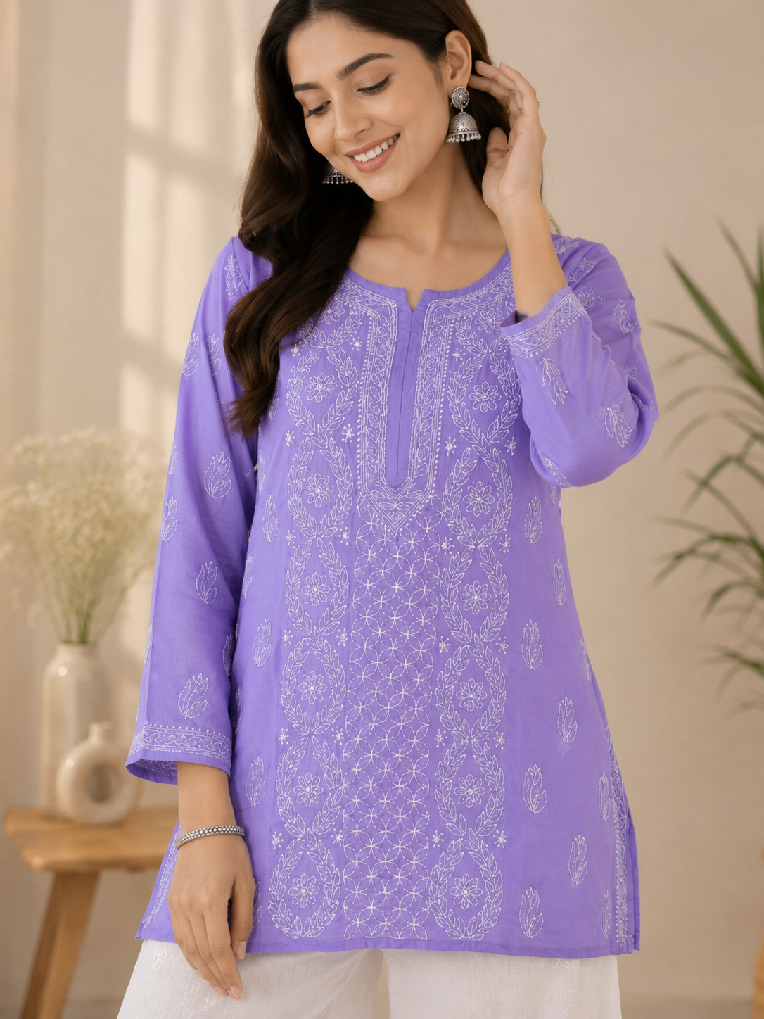 Karigiri Lavender Hand Embroidered Cotton Short Kurti_KF0301