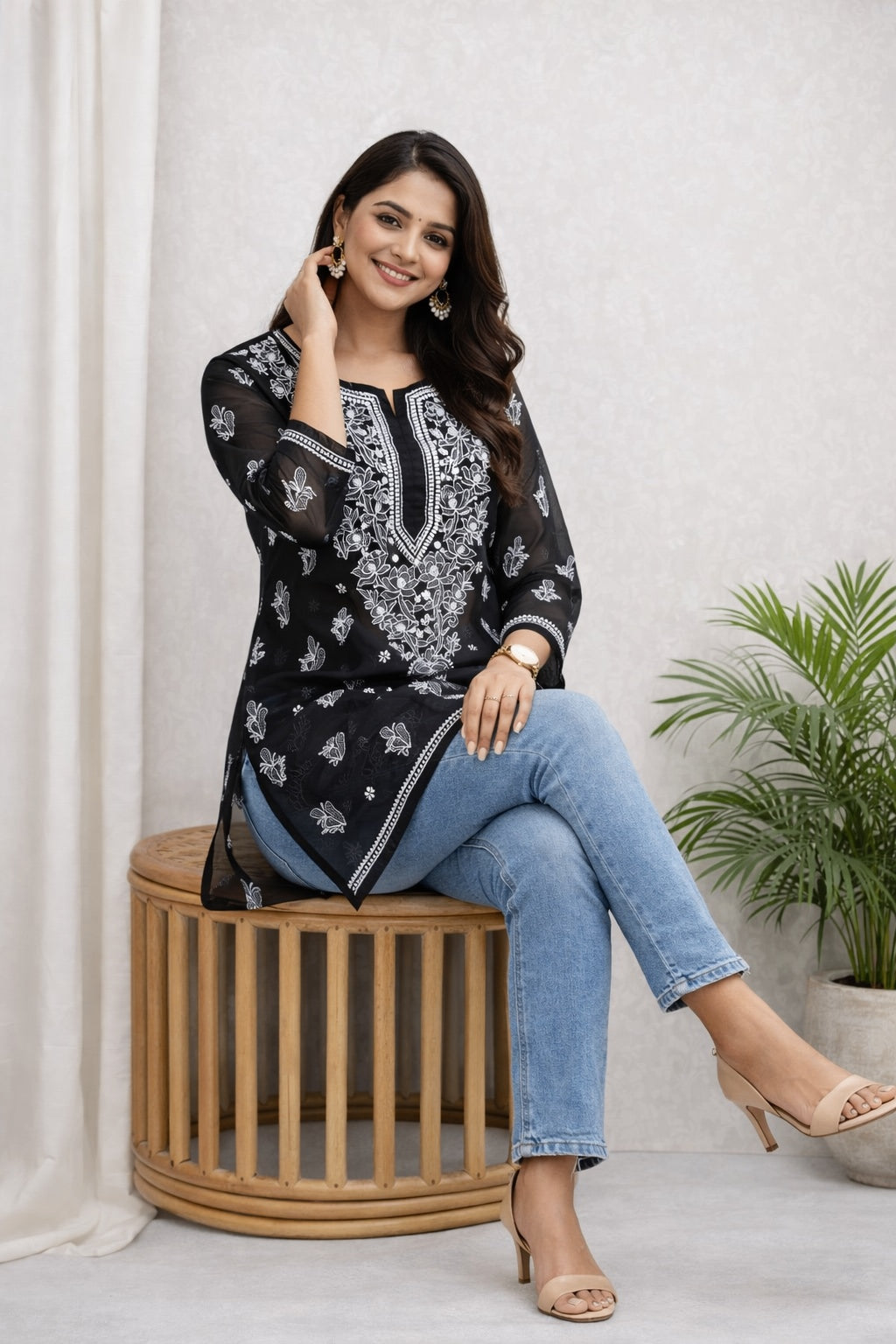 Karigiri Black Chikankari Georgette Short Kurti_KF0013