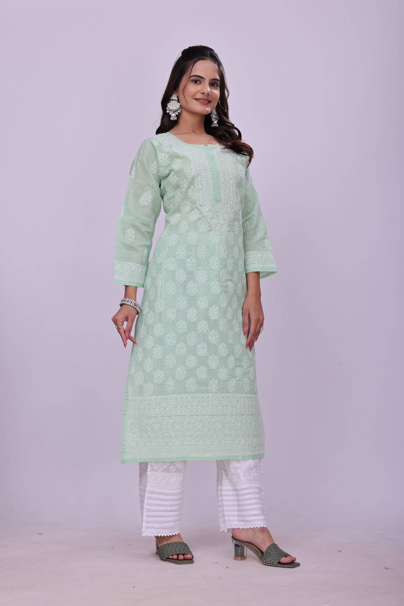 Karigiri Women's Pure Soft Cotton Kurti, Sea Green with Lucknowi Chikankari Embroidery, Straight Fit, Round Neck, 3/4 Sleeves