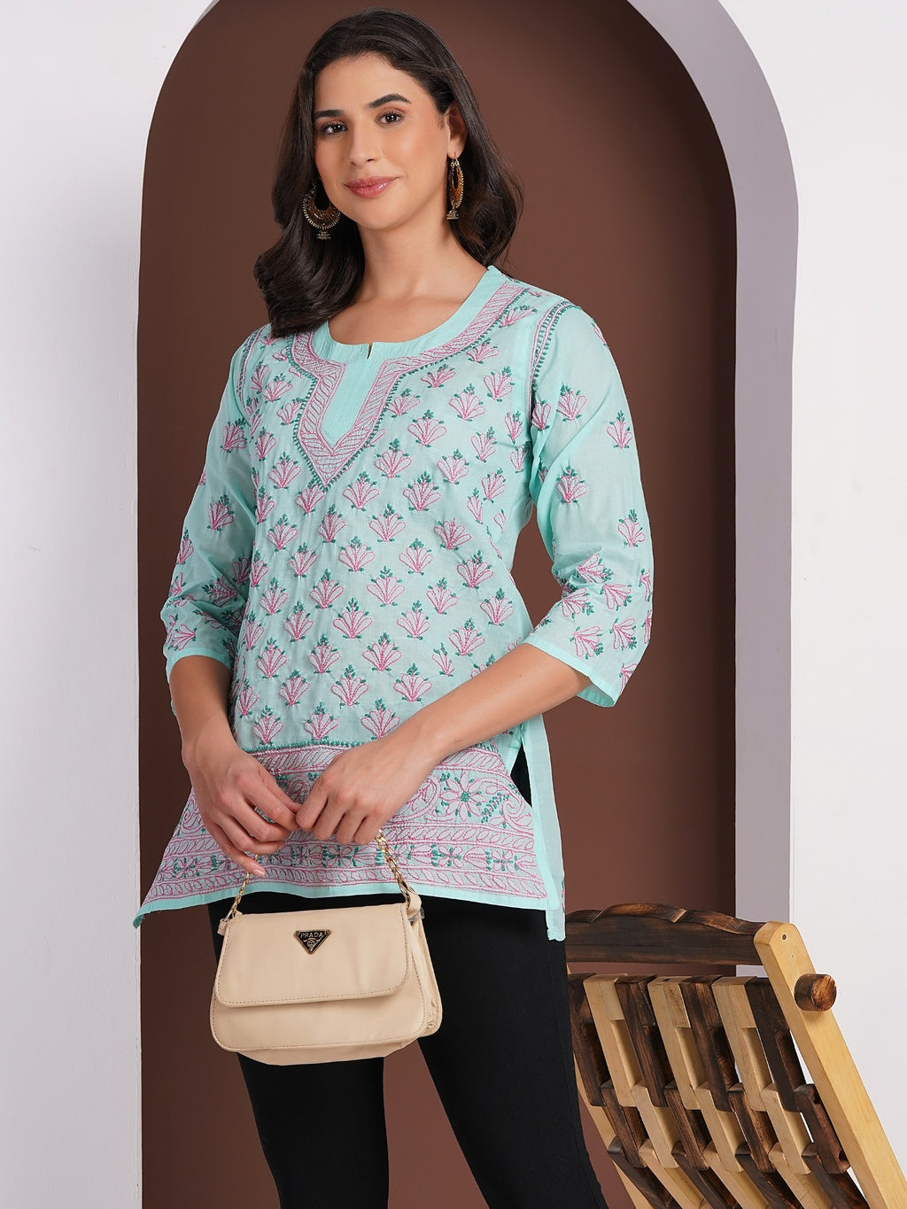 Karigiri Lucknowi Chikankari Hand Embroidered Pure Cotton Short Kurti, Mint Green, Traditional Ethnic Wear