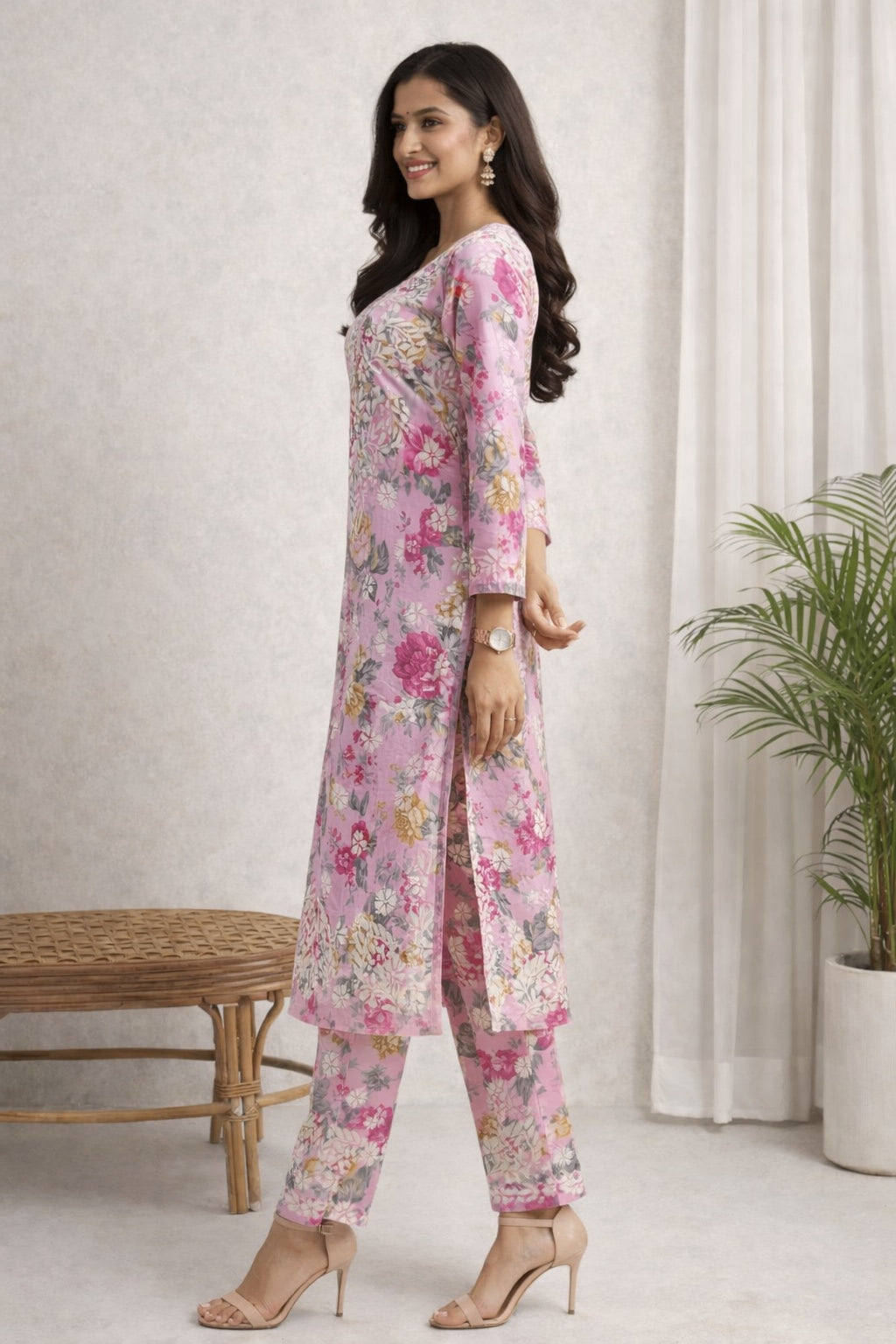 Karigiri Pink Floral Chikankari Printed Cotton Kurti Set_KF0147