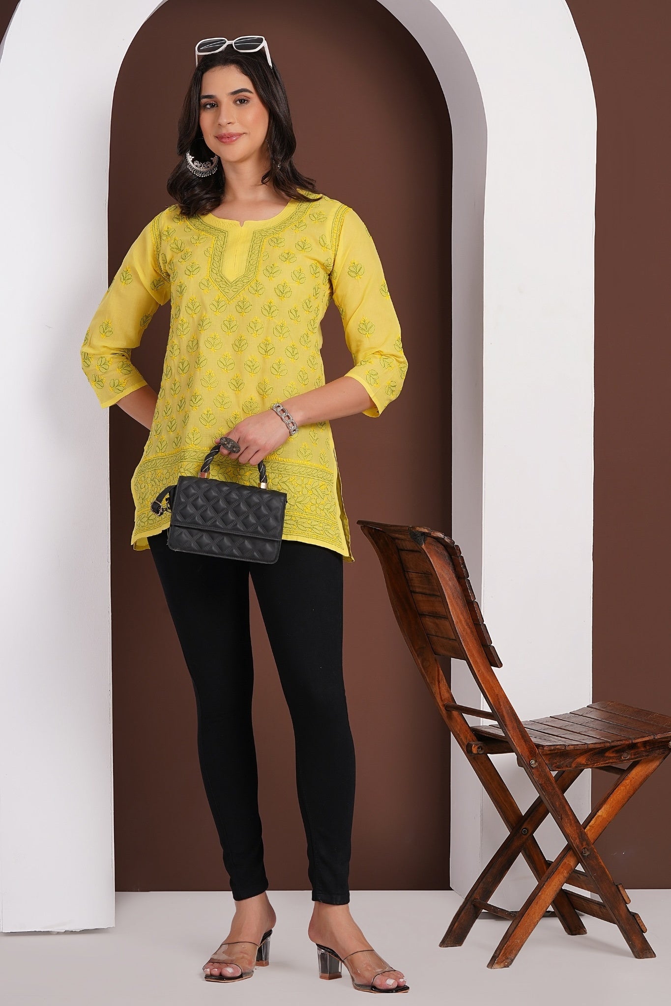 Karigiri Yellow Chikankari Hand Embroidered Pure Cotton Straight Hip Length Short Kurti, 3/4 Sleeve, Ethnic Wear for Women
