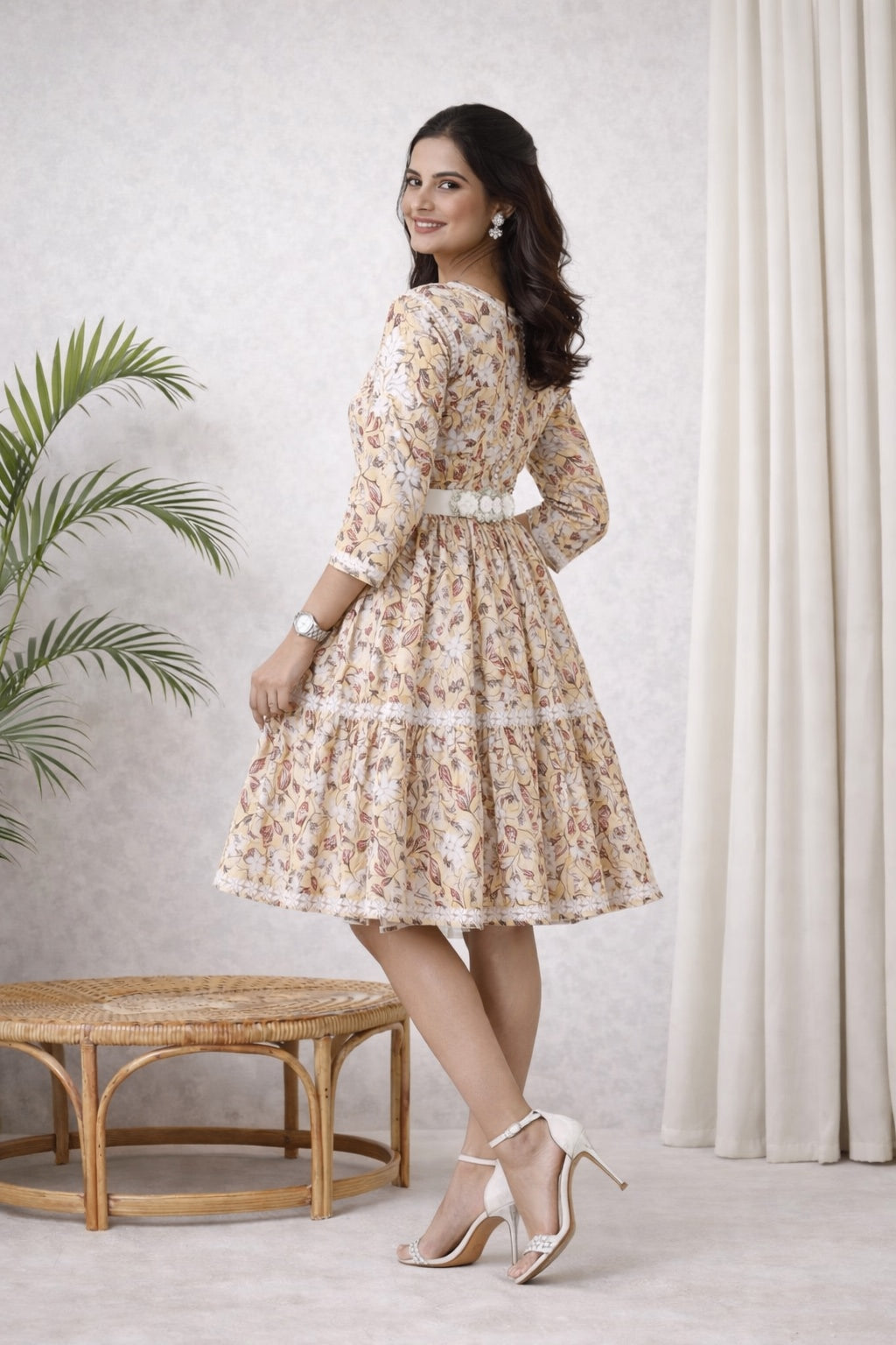 Karigiri Yellow Lucknowi Chikankari Printed Cotton Frock Kurti_KF0213