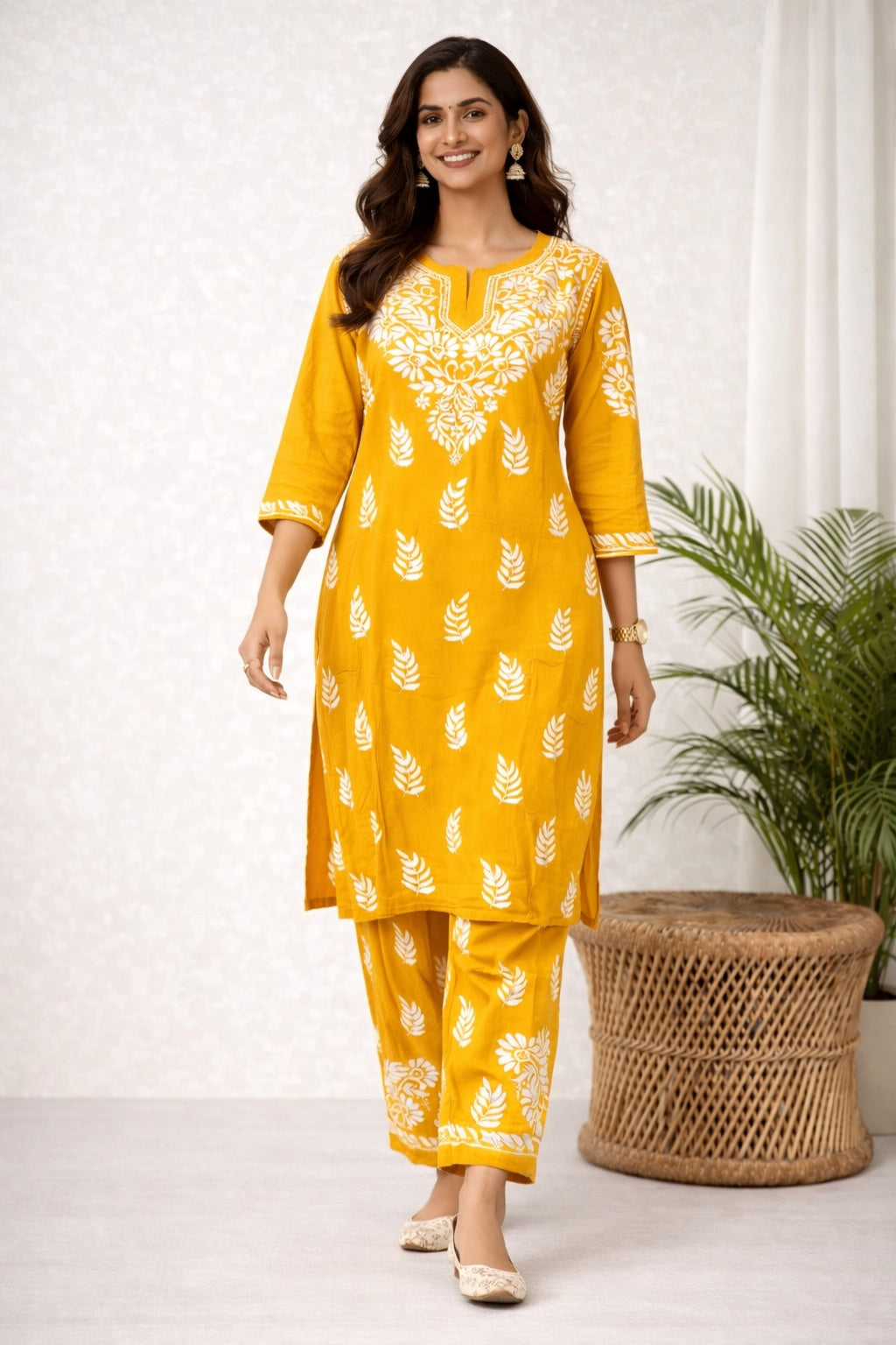 Karigiri Mustard Floral Chikankari Mulmul Cotton Kurti Set_KF0065