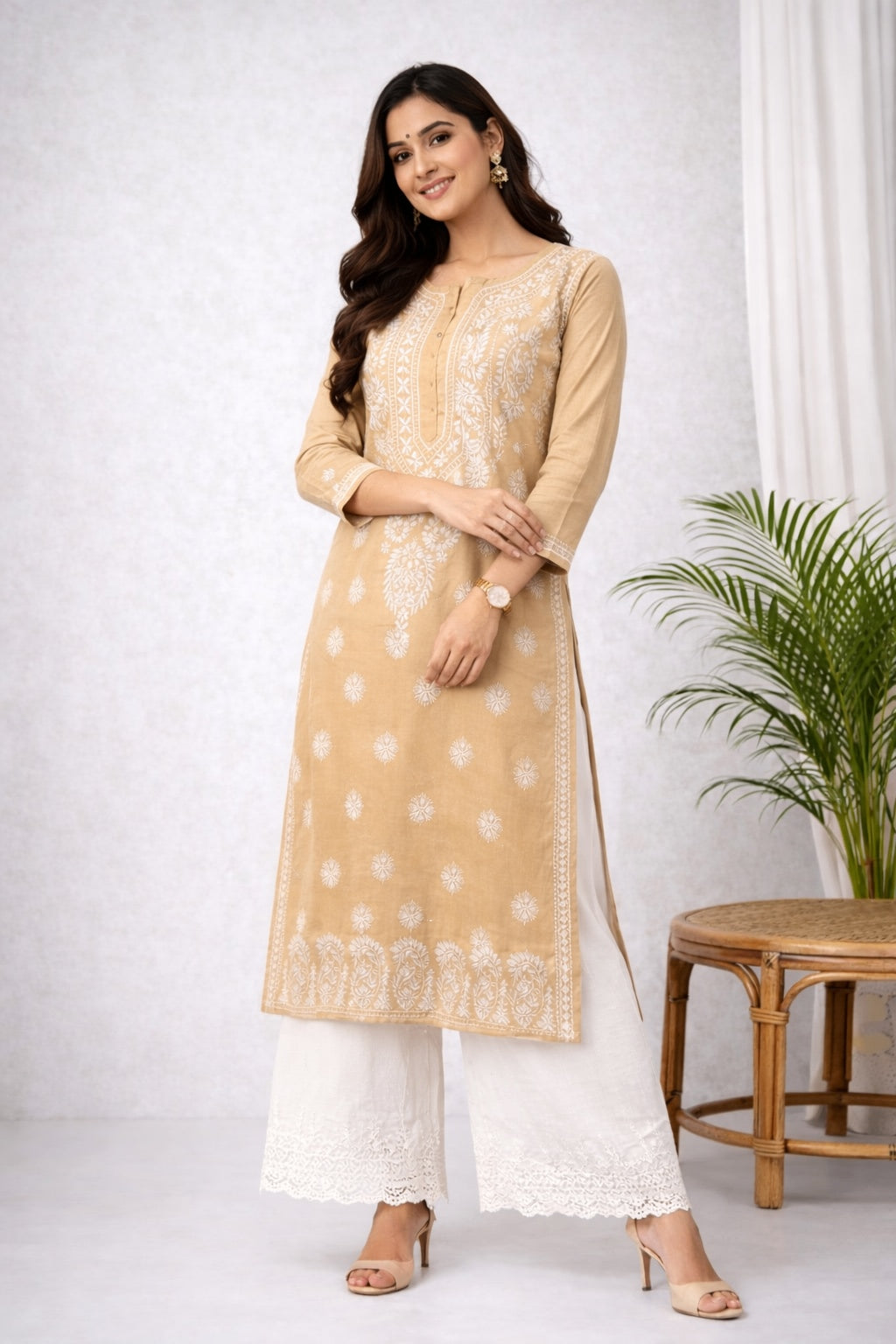 Karigiri Beige Chikankari Cotton Kurta for Women_KF0102