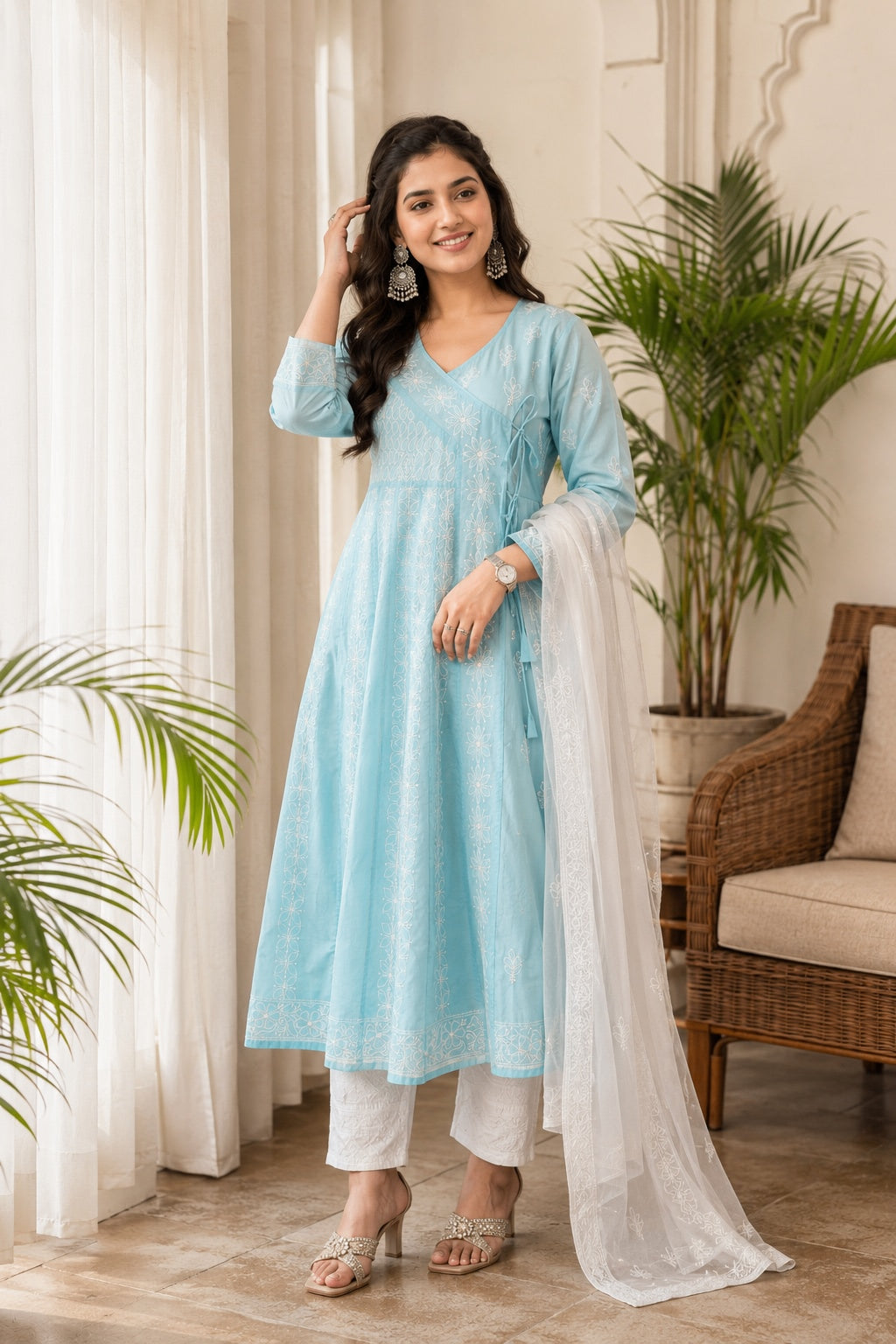Karigiri Sky Blue Hand Embroidered Chikankari Cotton Anarkali Kurti