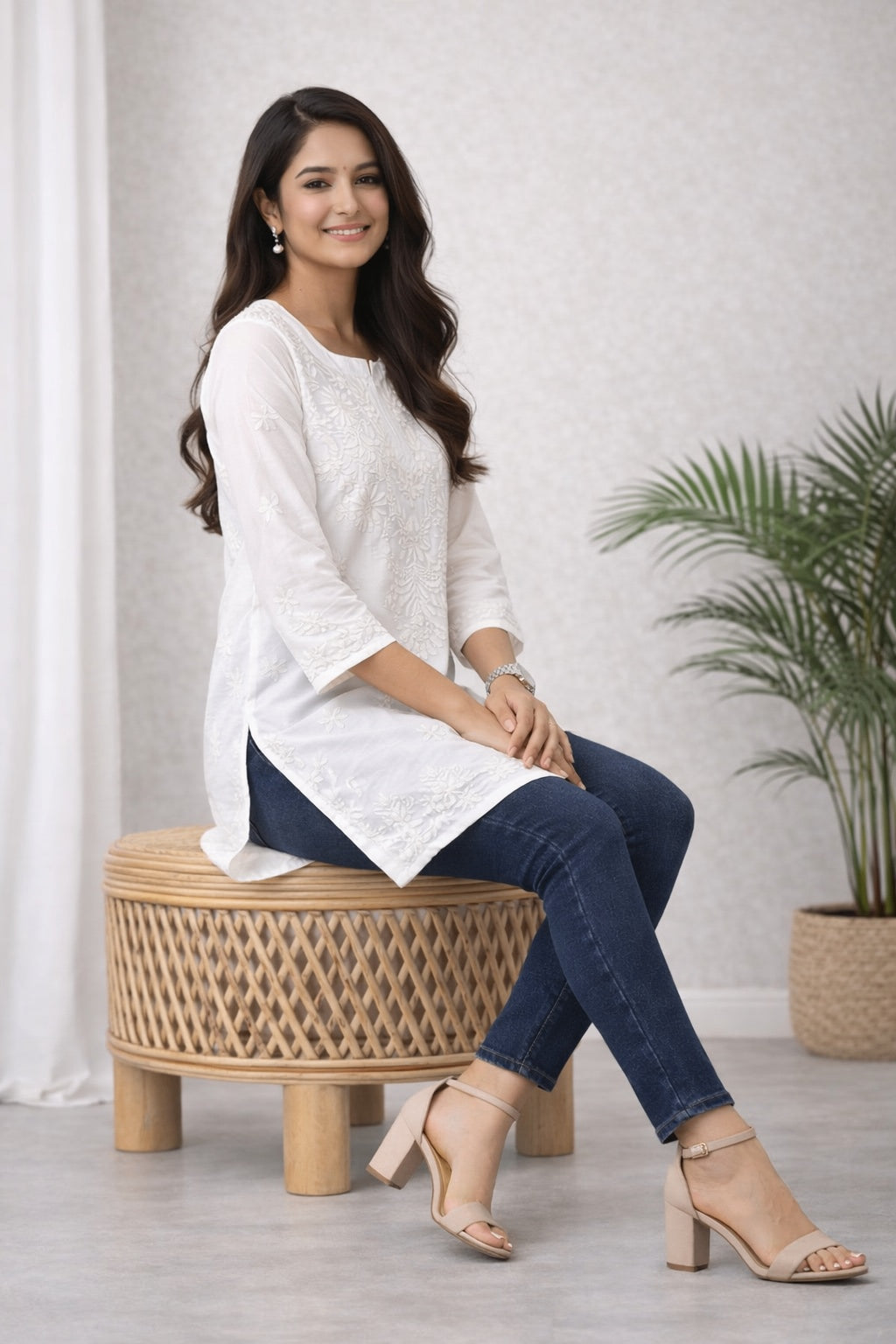 Karigiri White Chikankari Rayon Short Kurti_KF0201