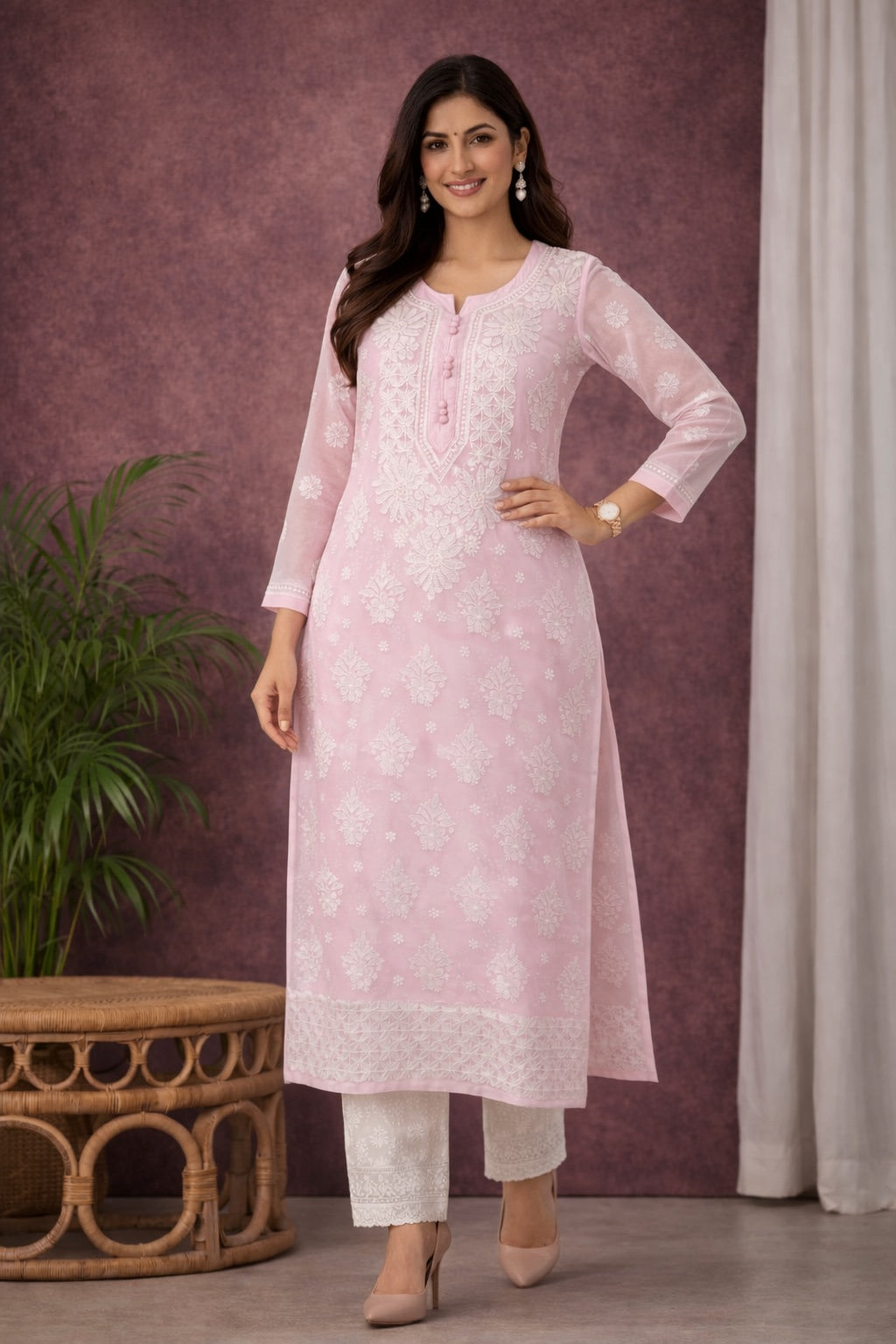 Karigiri Baby Pink Chikankari Georgette Kurti_KF0003