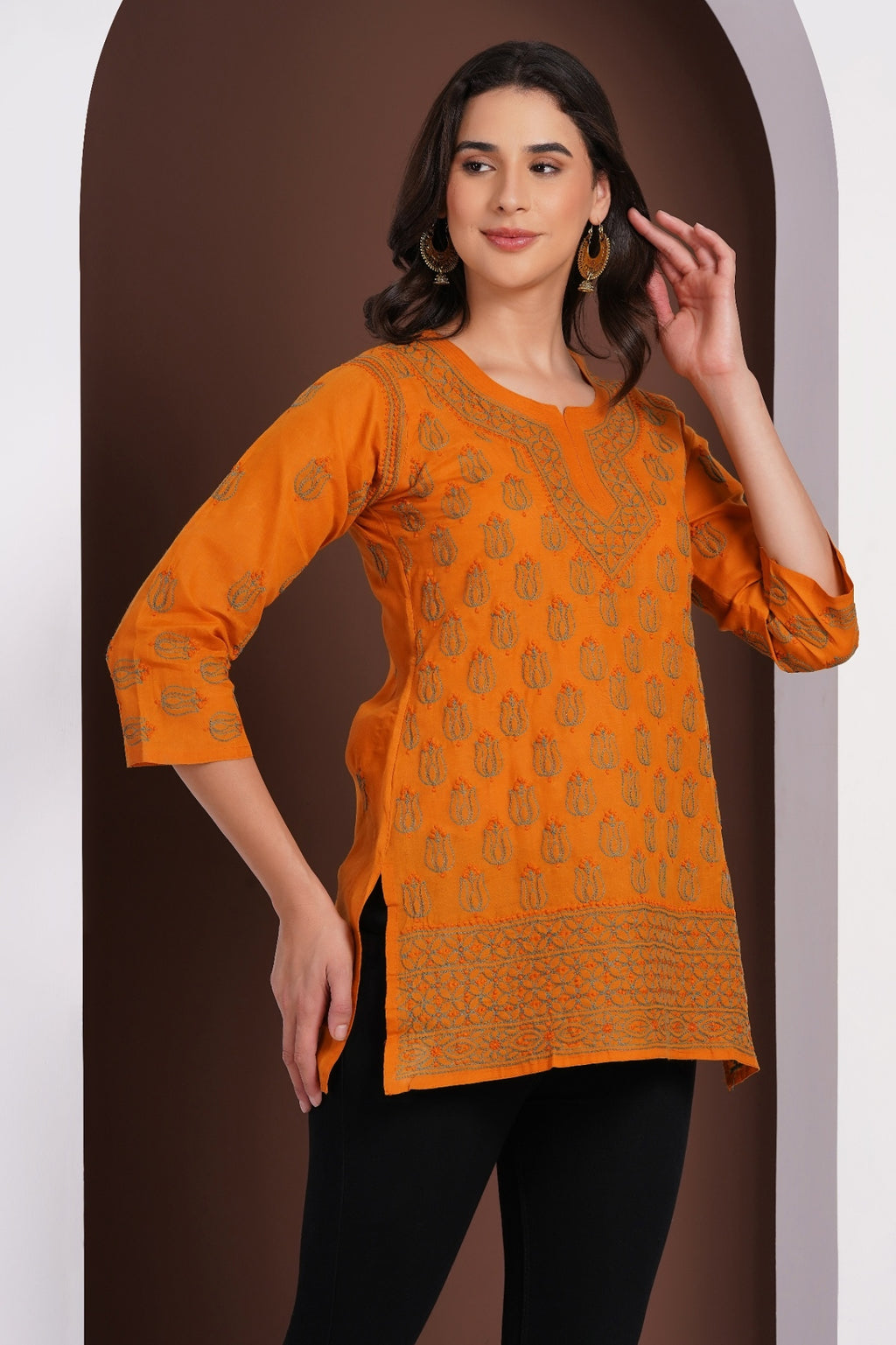 Karigiri Mustard Yellow Chikankari Hand Embroidered Pure Cotton Short Kurti, 3/4 Sleeve, Ethnic Casual Wear