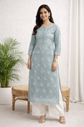 Karigiri Grey Chikankari Cotton Kurti Crosia Work_KF0037