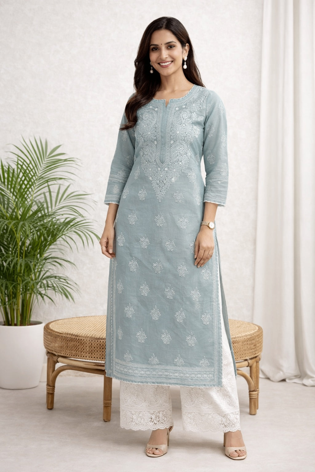 Karigiri Grey Chikankari Cotton Kurti Crosia Work_KF0037