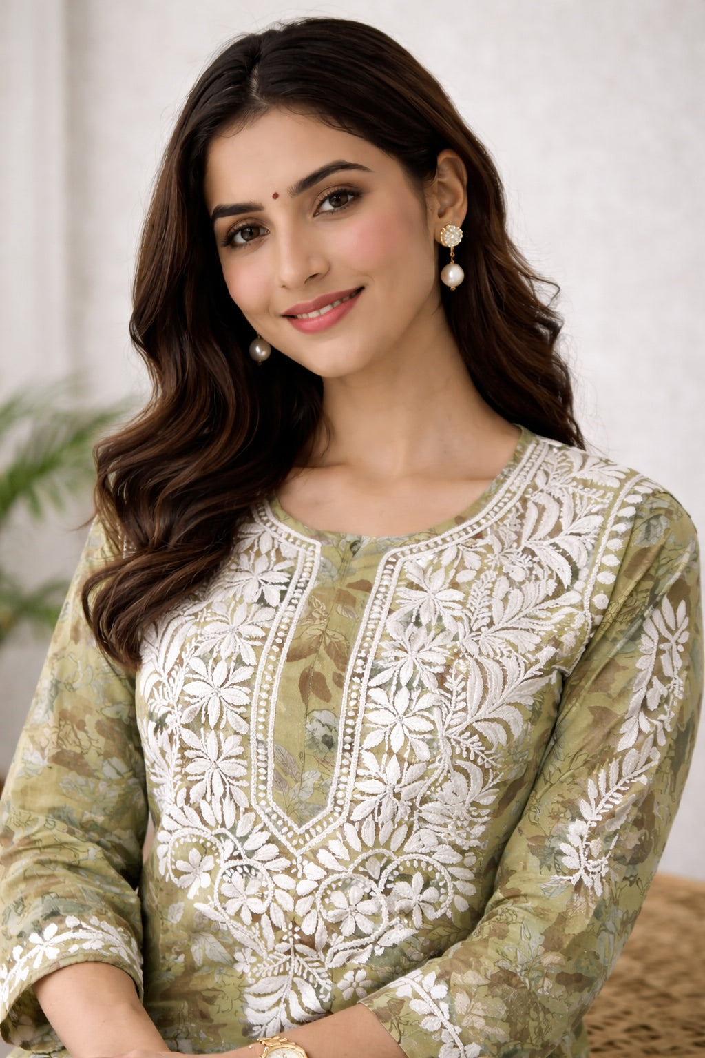 Karigiri Olive Green Chikankari Cotton Kurti Set_KF0138