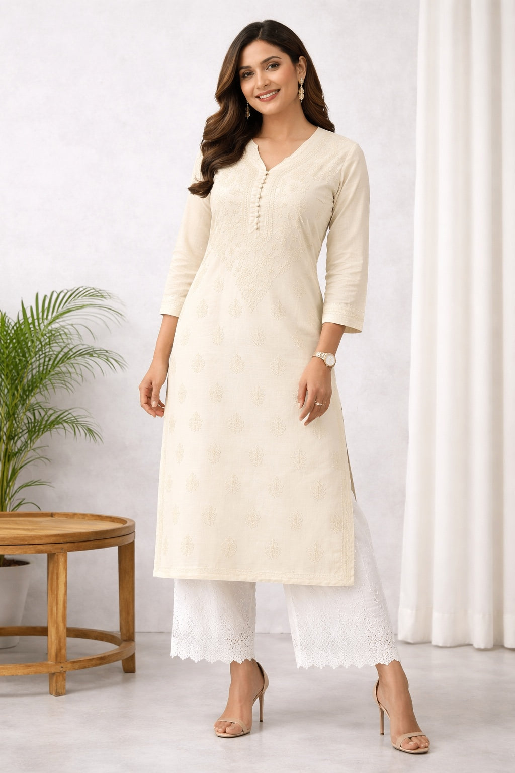 Karigiri Ivory Chikankari Cotton Kurti Women_KF0078