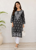Karigiri Dark Grey Lucknowi Chikankari Hand Embroidered Soft Mulmul Cotton Straight Kurti for Women | Calf Length | 3/4 Sleeve_KFDG0413