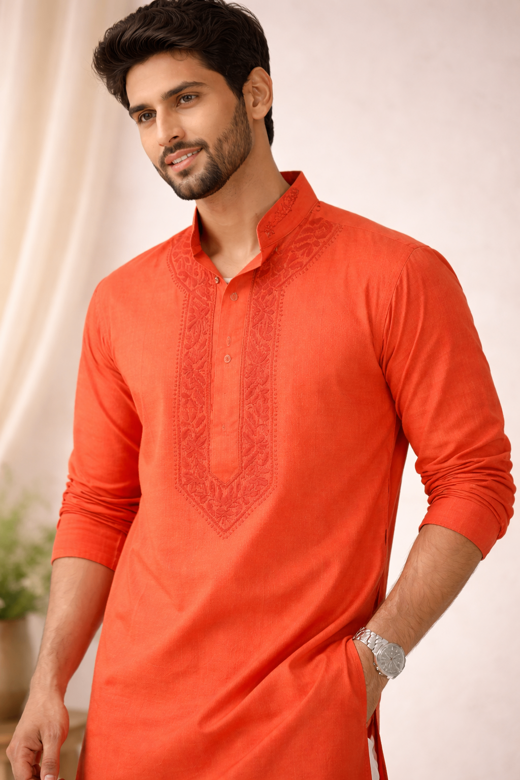 Karigiri Men's Saffron Orange Chikankari Cotton Kurta_KF0168