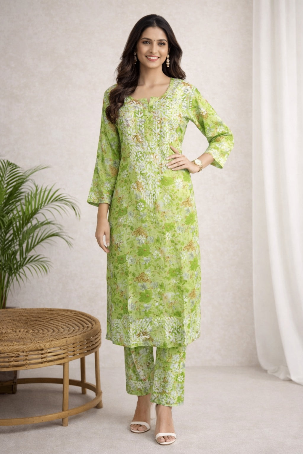 Karigiri Green Chikankari Cotton Kurti Set_KF0032