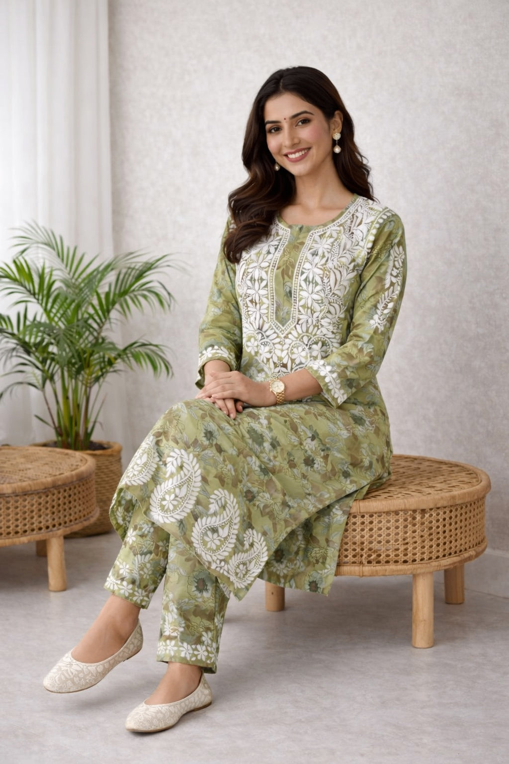 Karigiri Olive Green Chikankari Cotton Kurti Set_KF0138