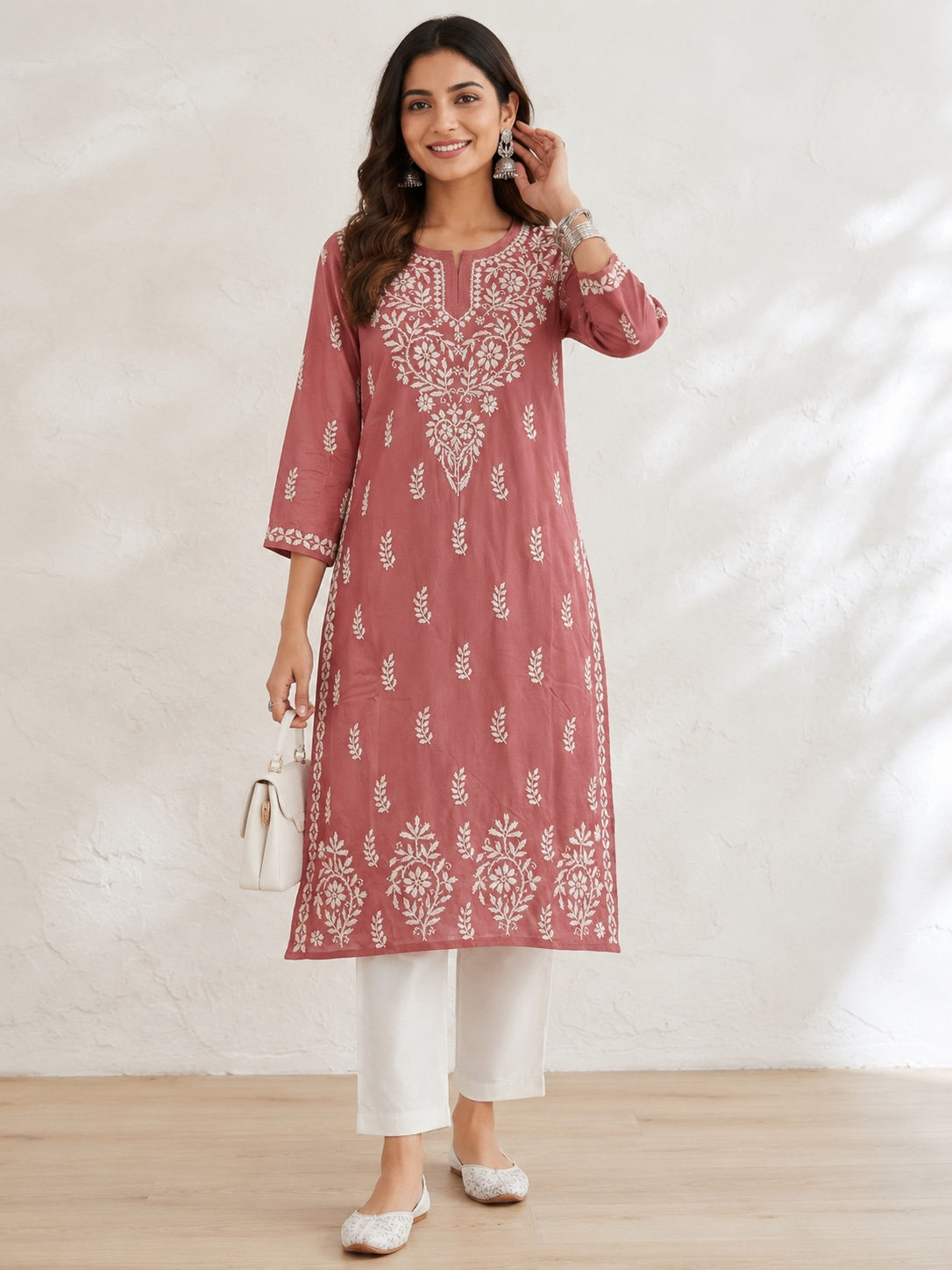 Karigiri Rose Pink Lucknowi Chikankari Hand Embroidered Soft Mulmul Cotton Straight Kurti for Women, 3/4 Sleeve, Calf Length Ethnic Wear_KFRP0416