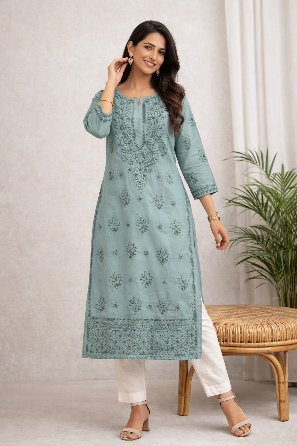 Karigiri Grey Chikankari Cotton Kurti Floral Work_KF0047