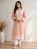 Karigiri Peach Pink Lucknowi Chikankari Hand Embroidered Mulmul Cotton Straight Kurti with White Floral Embroidery, 3/4 Sleeve, Ethnic Wear for Women_KFPP0414