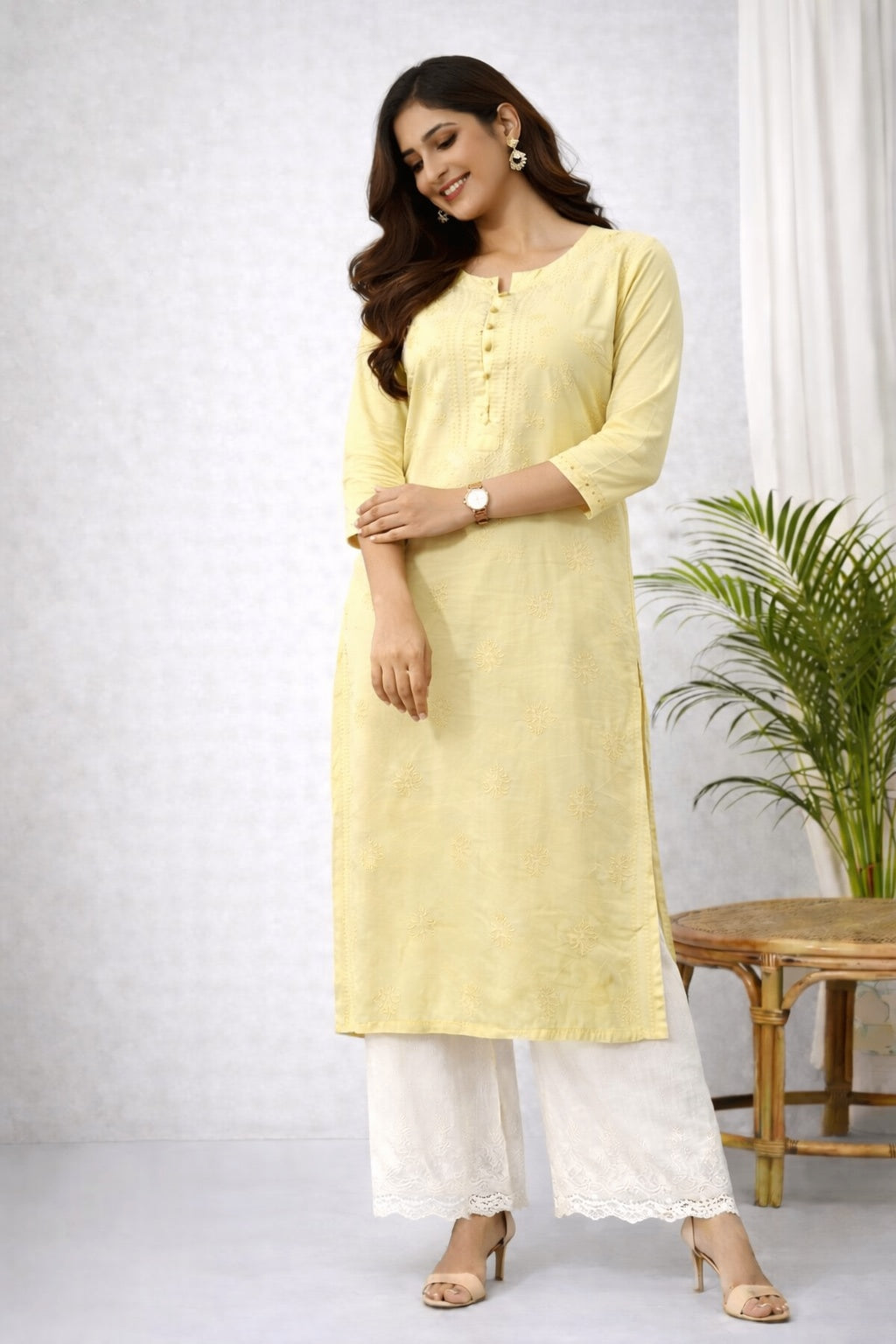 Karigiri Pastel Yellow Chikankari Cotton Kurti_KF0103
