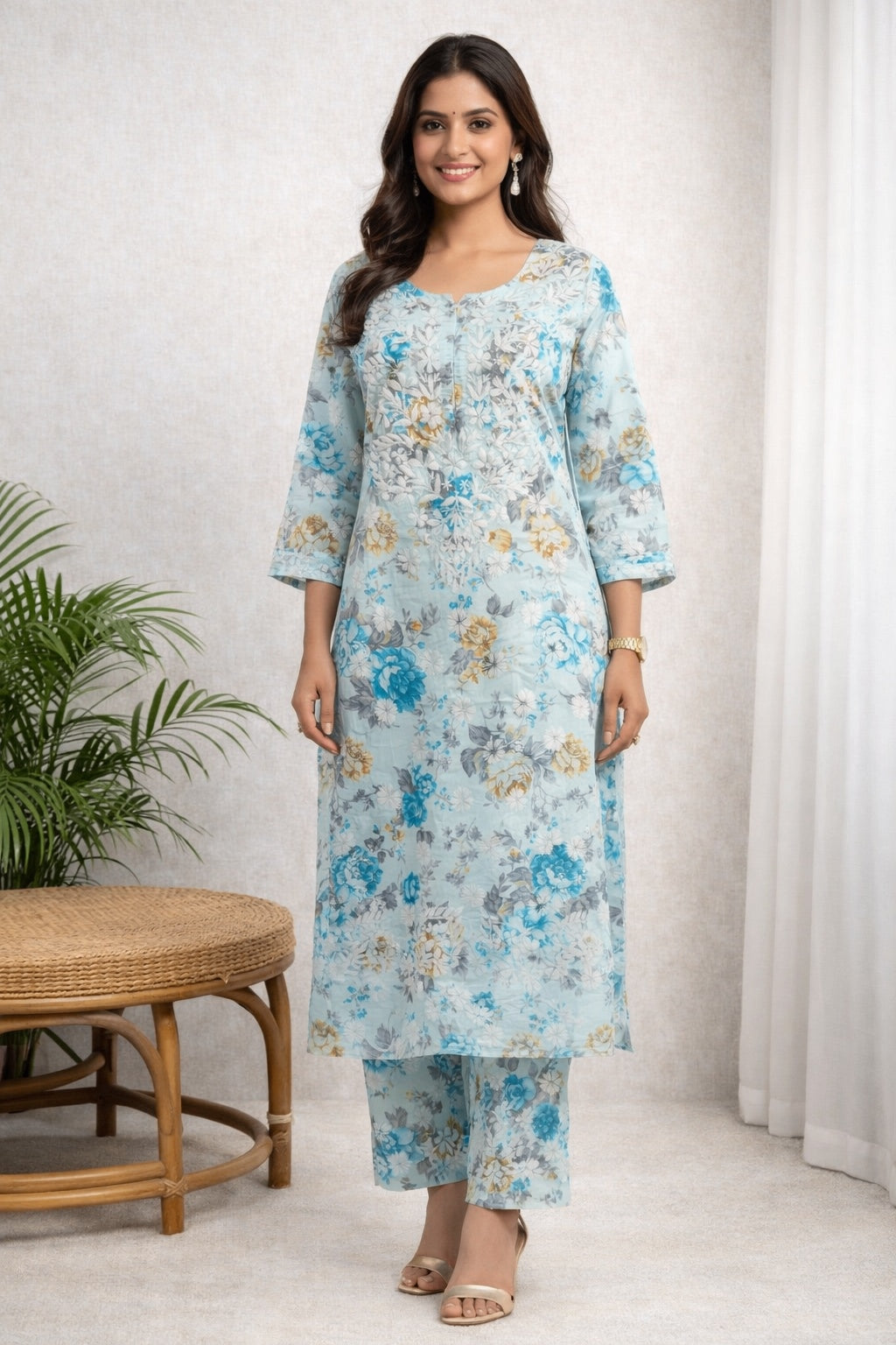 Karigiri Sky Blue Chikankari Cotton Kurti Pant Set_KF0181
